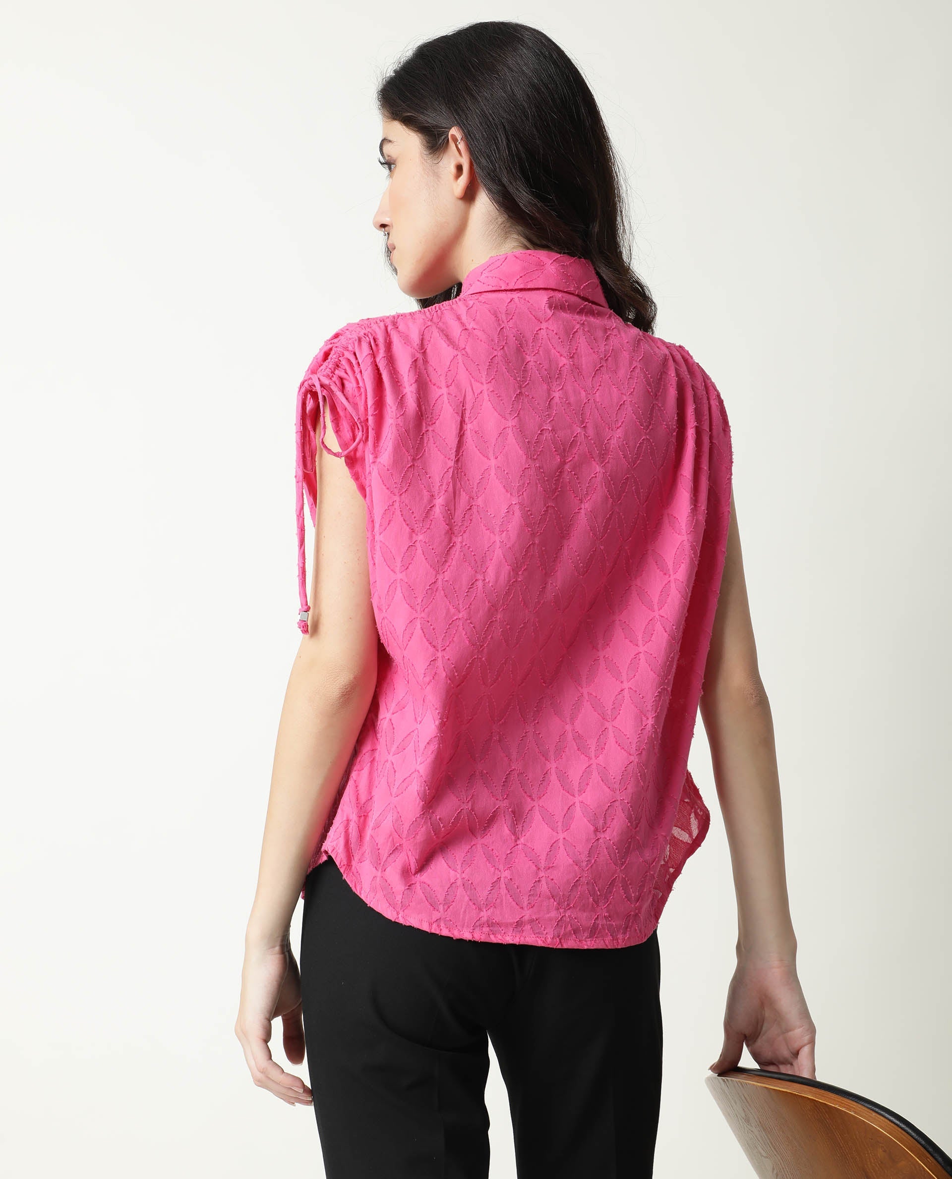 Rareism Womens Majesty Pink Top Cotton Fabric Comfortable Fit Half Sleeve Collared Neck