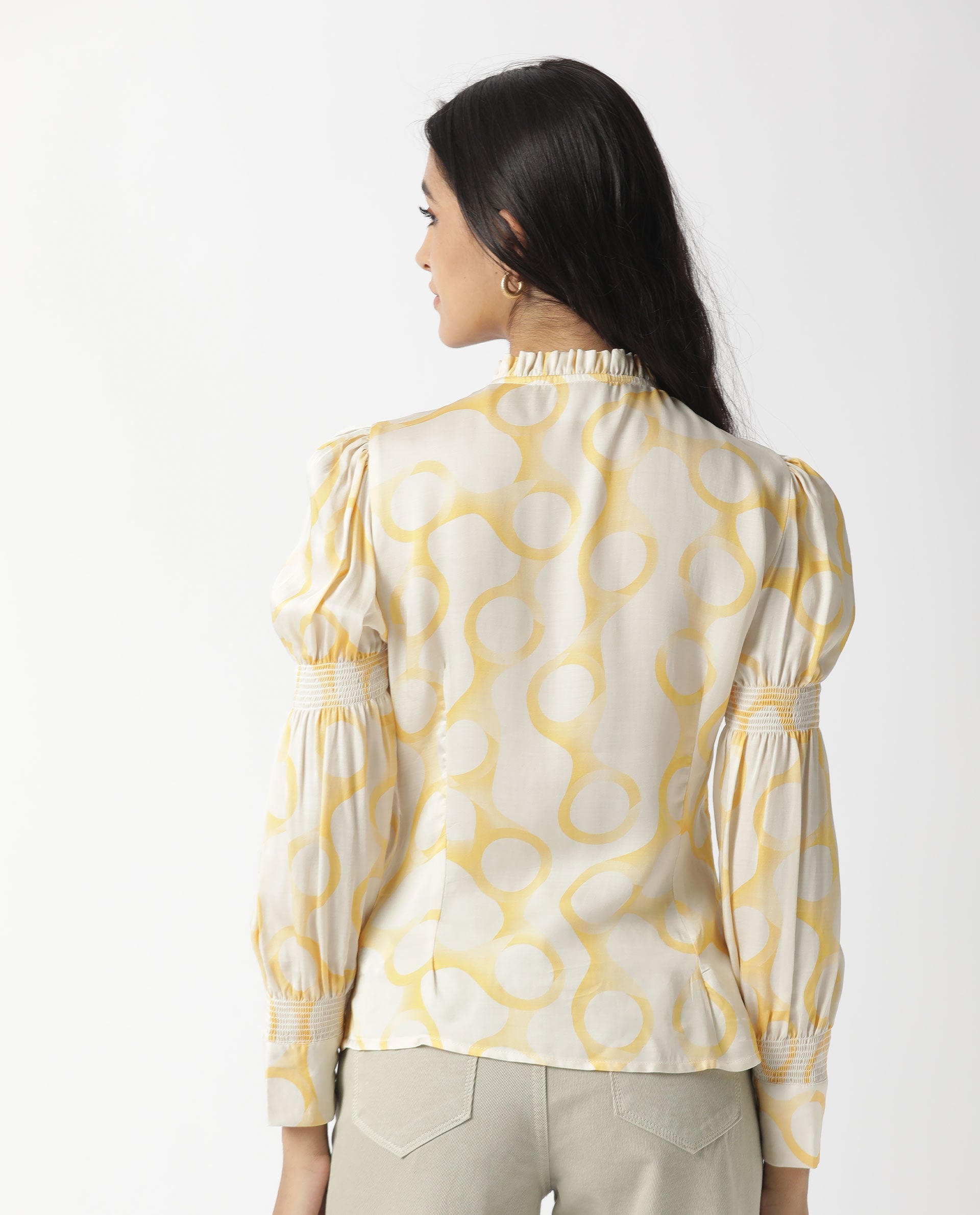 Rareism Women Emm Off White Modal Satin Fabric Slim Fit Ruffled Neck Full Sleeves Print Top