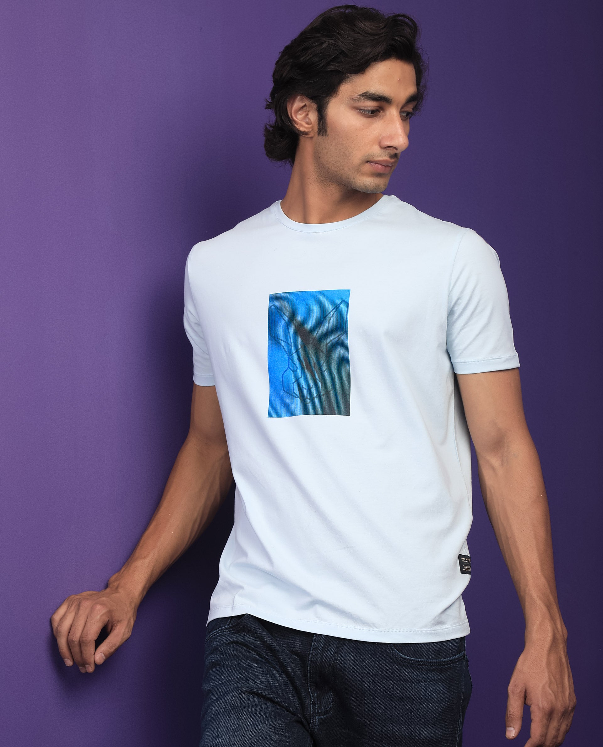 Rare Rabbit Men's Emine Light Blue Crew Neck Discharge Graphic Printed Half Sleeves Slim Fit T-Shirt