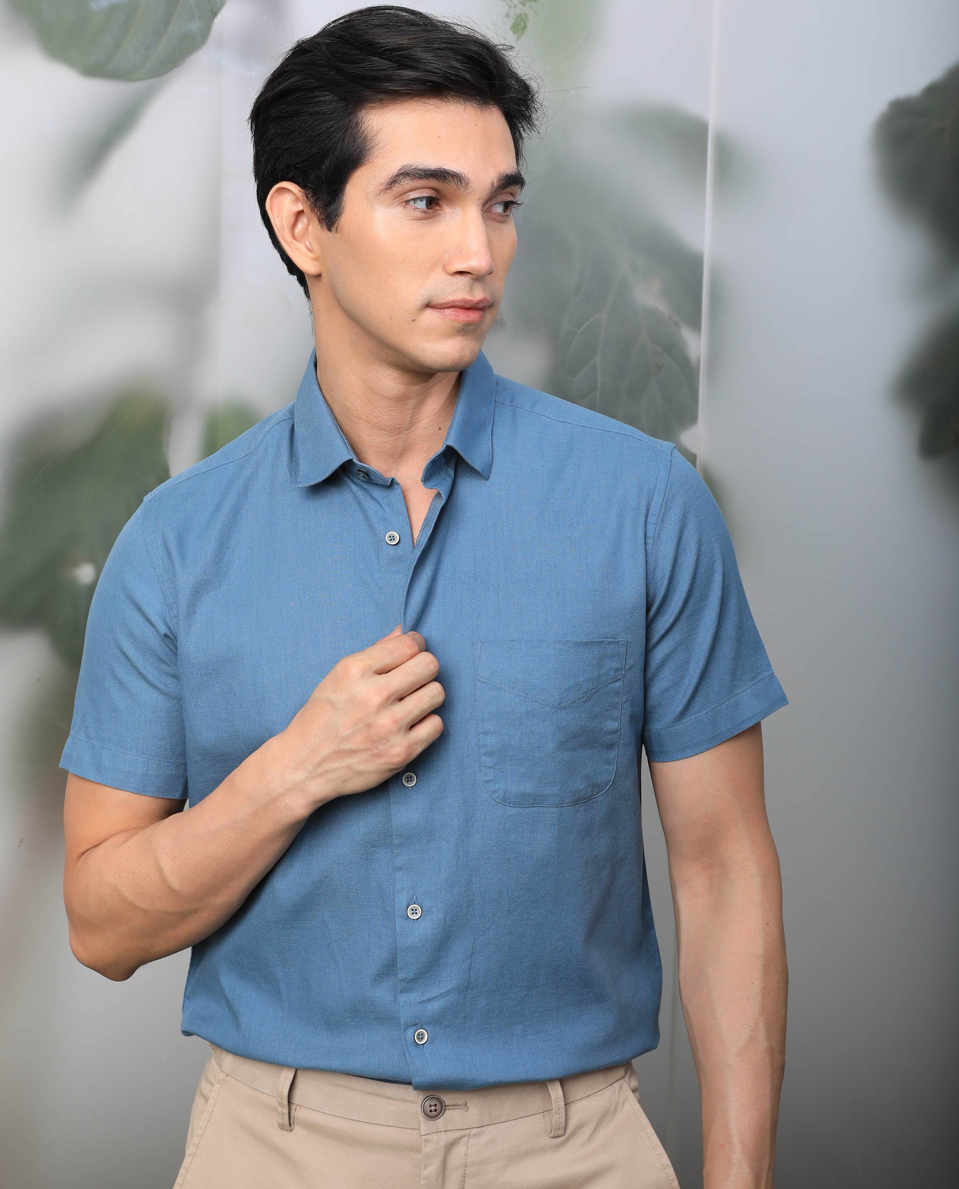 Rare Rabbit Mens Darwin Blue Cotton Fabric Short Sleeves Regular Fit Solid Shirt