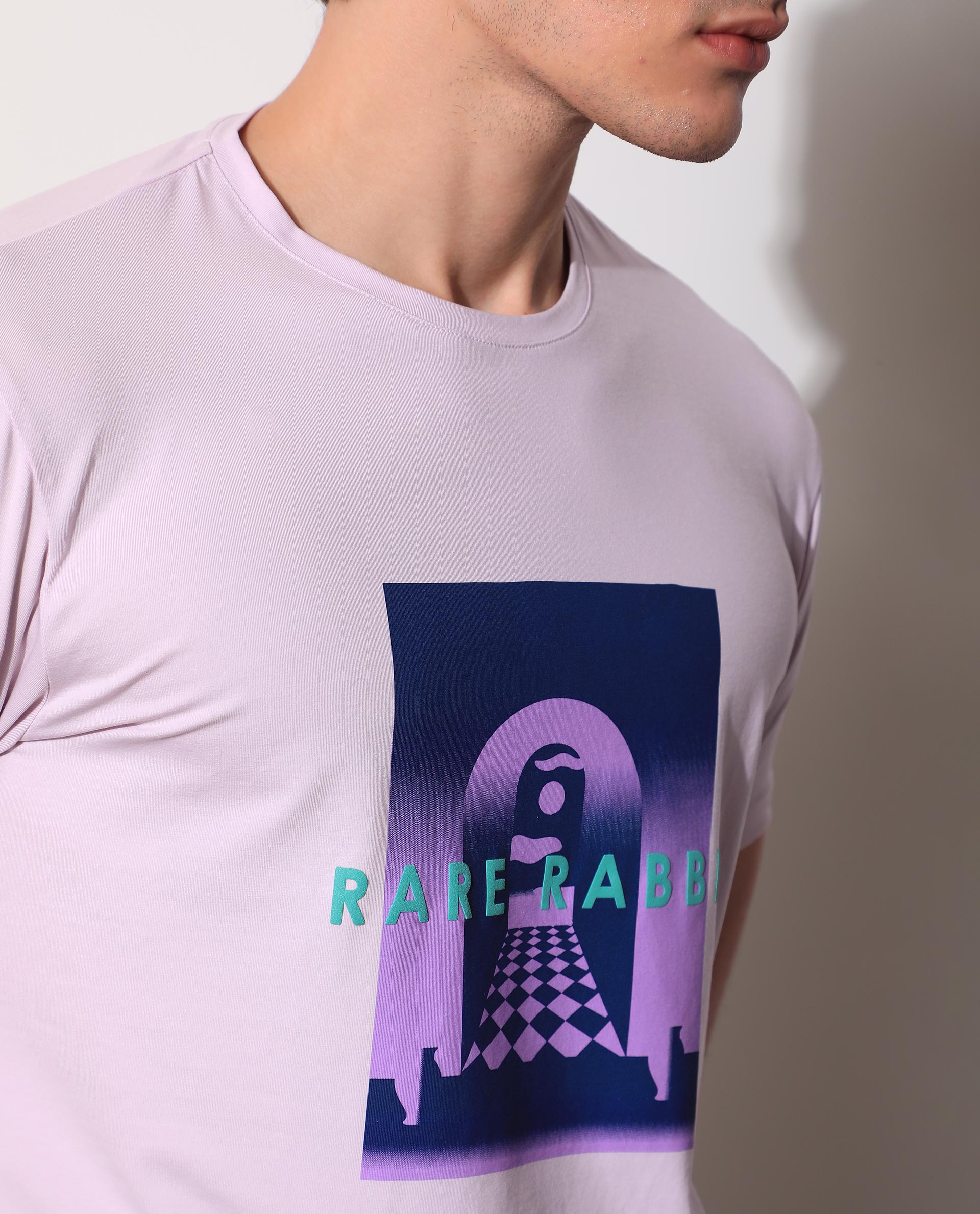 Rare Rabbit Men's Rives Pastel Purple Crew Neck Discharge and HD Print Branding Half Sleeves Slim Fit T-Shirt