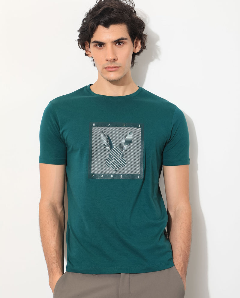 Rare Rabbit Men's Princeton Green Crew Neck Graphic Logo Printed Half Sleeves Slim Fit T-Shirt