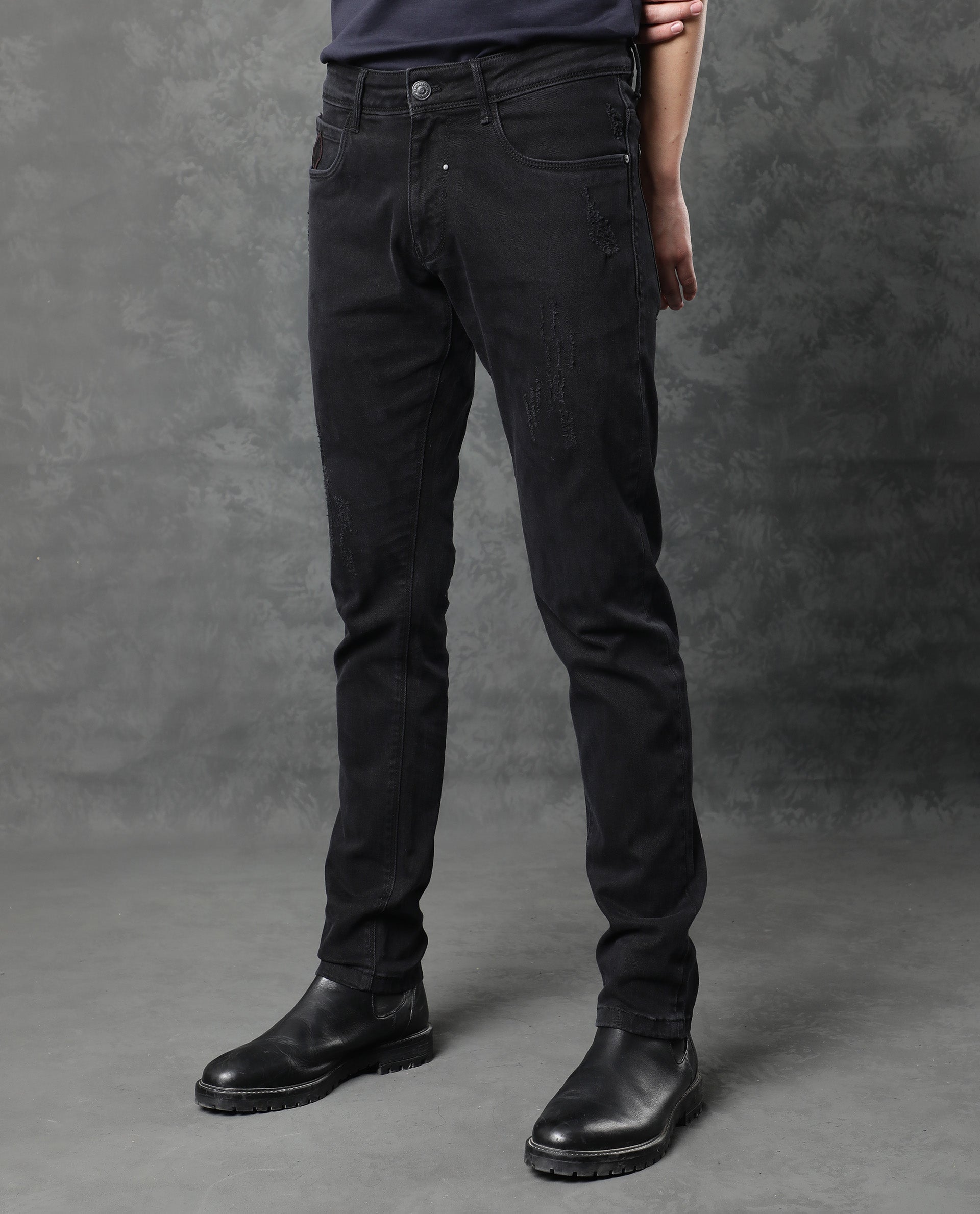 Rare Rabbit Men's Astra Black Rinse Wash Mid-Rise Slim Fit Jeans