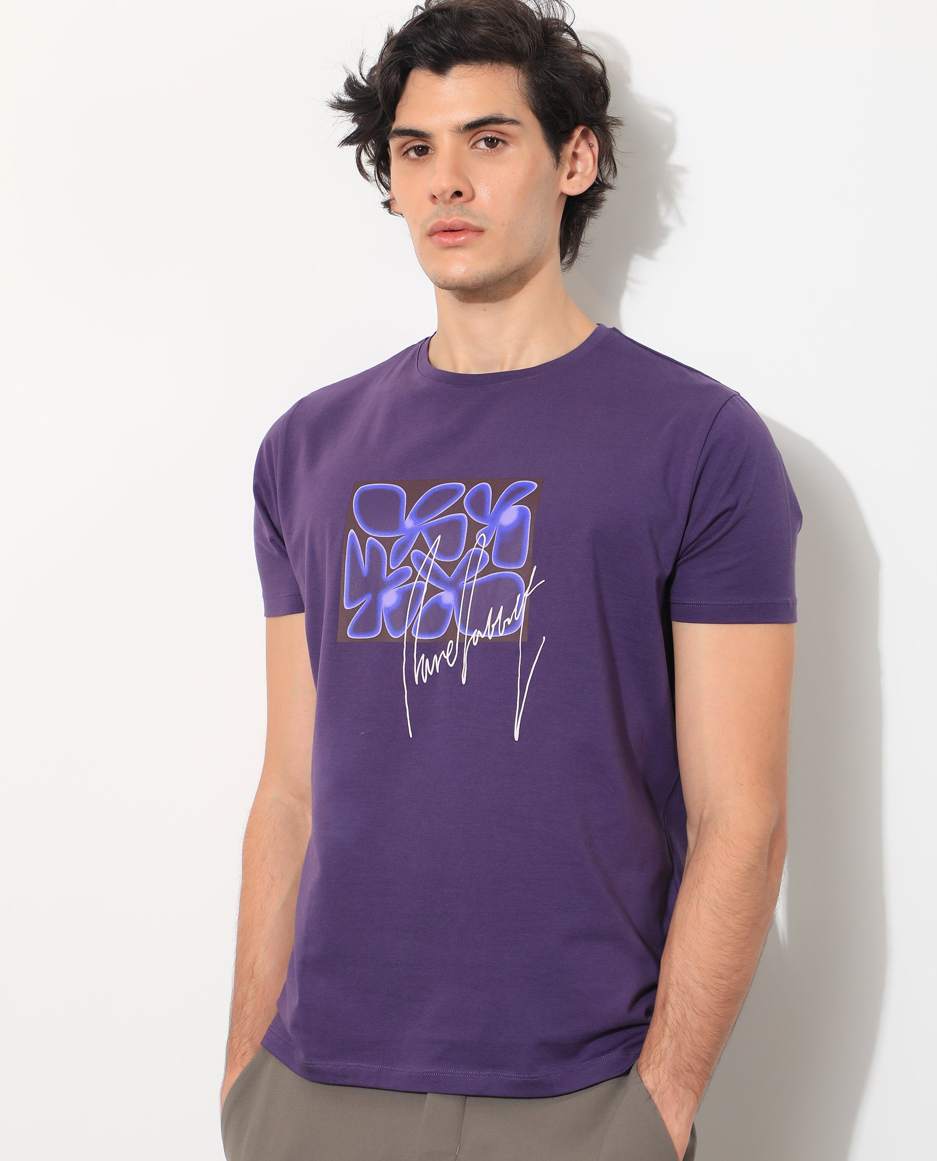 RARE RABBIT MEN'S FULL PURPLE T-SHIRT COTTON FABRIC CREW NECK SLIM FIT