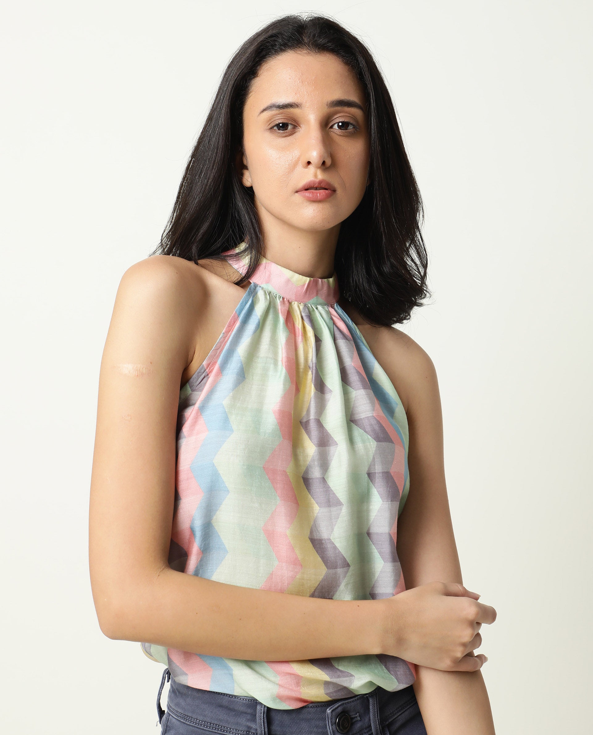 Rareism Womens Hamper Multi Top Cotton Silk Fabric Regular Fit Sleeveless High Neck