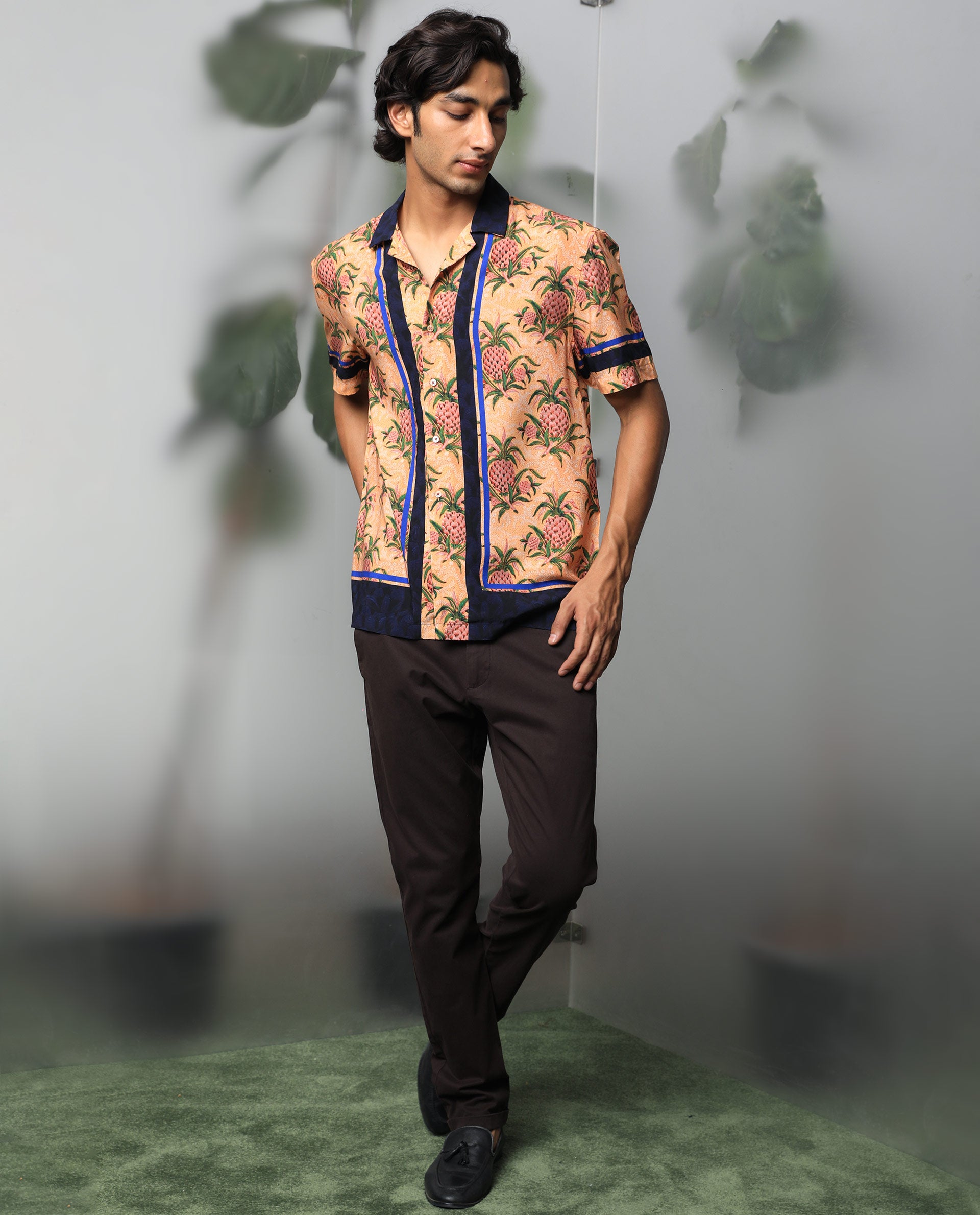 Rare Rabbit Men's Banes Beige Cotton Fabric Cuban Collar Floral Print Half Sleeves Shirt