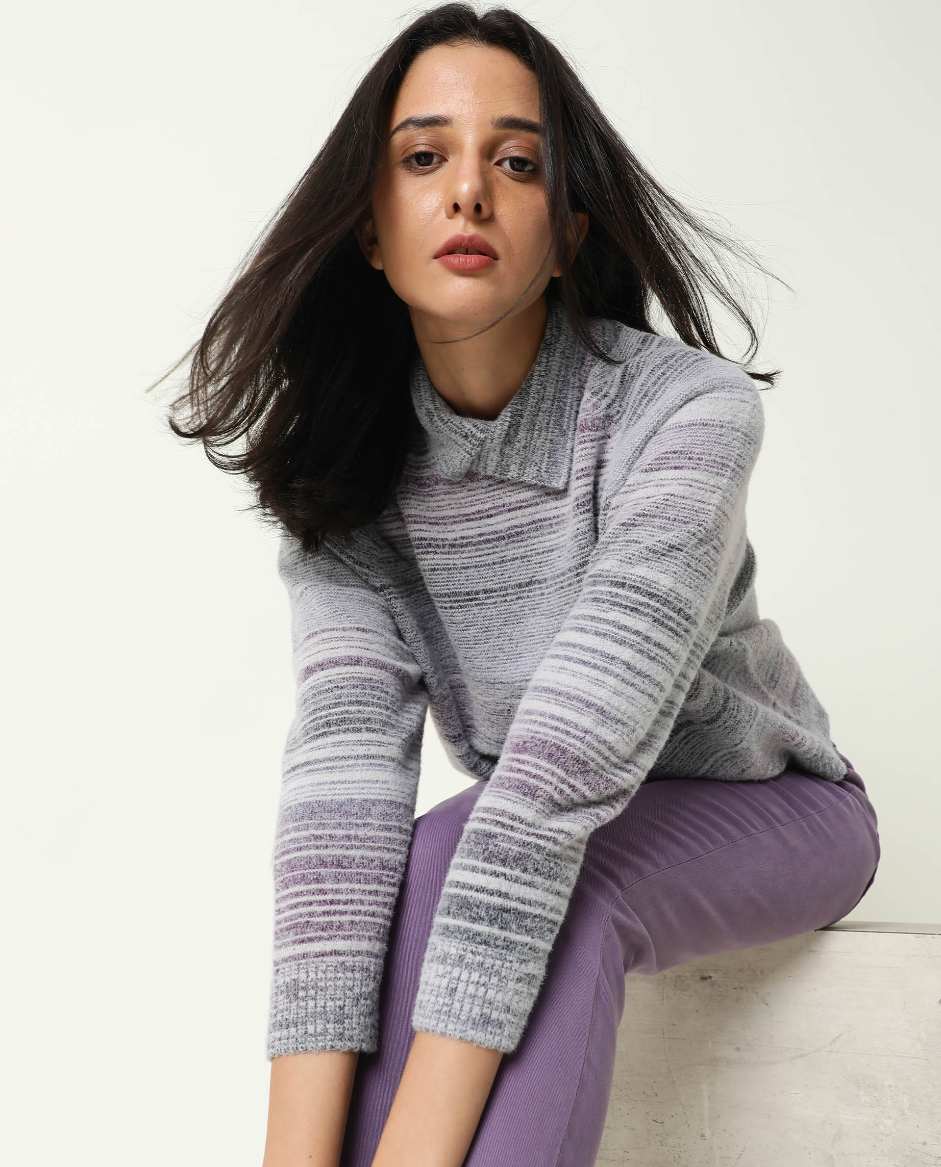 Rareism Women Rosalva Melange Grey Nylon Fabric Full Sleeves Knee Length Regular Fit Ombre High Neck Sweater