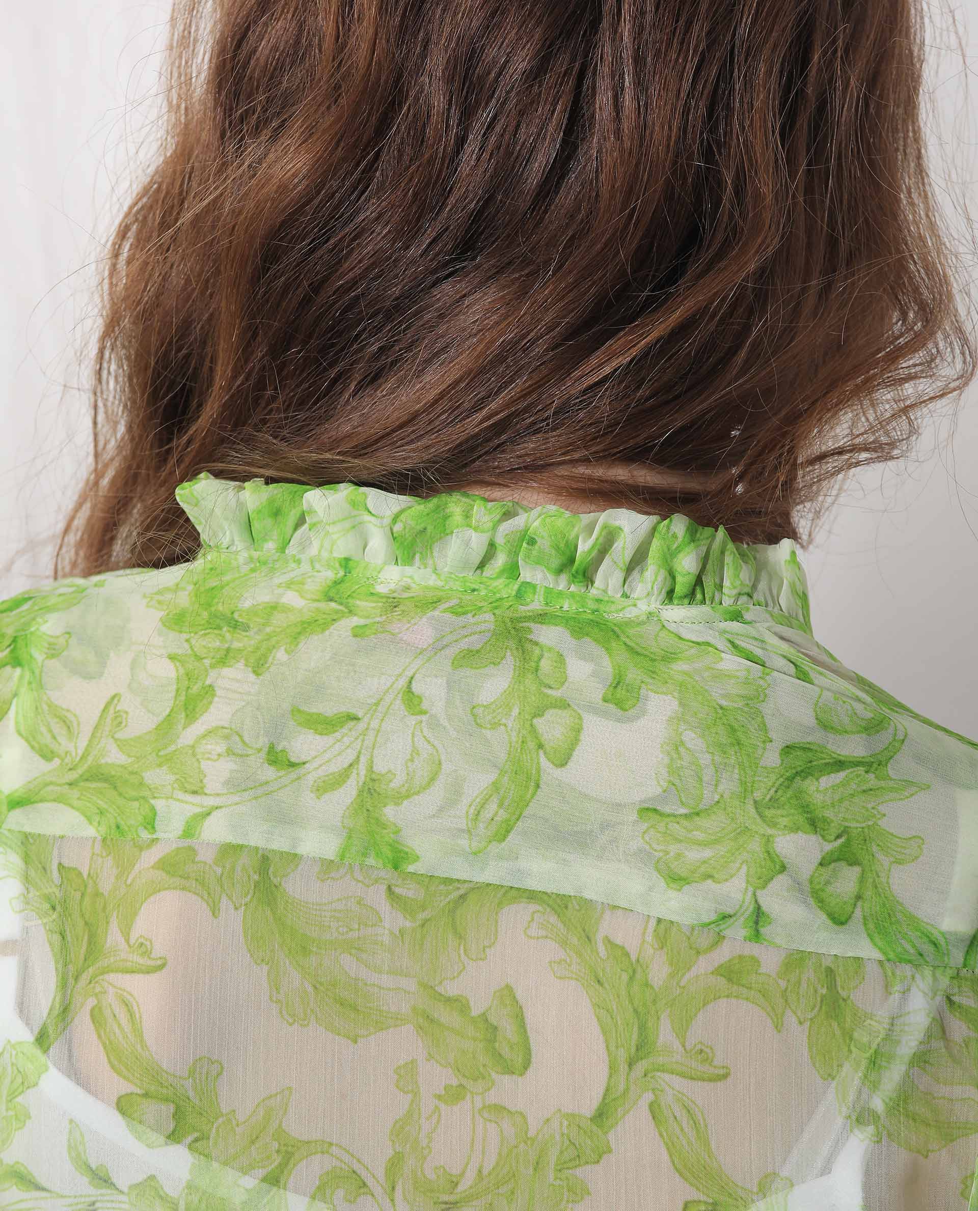 Rareism Women's Quin Green Polyester Fabric Ruffled Neck Button Closure Ruffled Sleeve Floral Print  Knee Length Dress