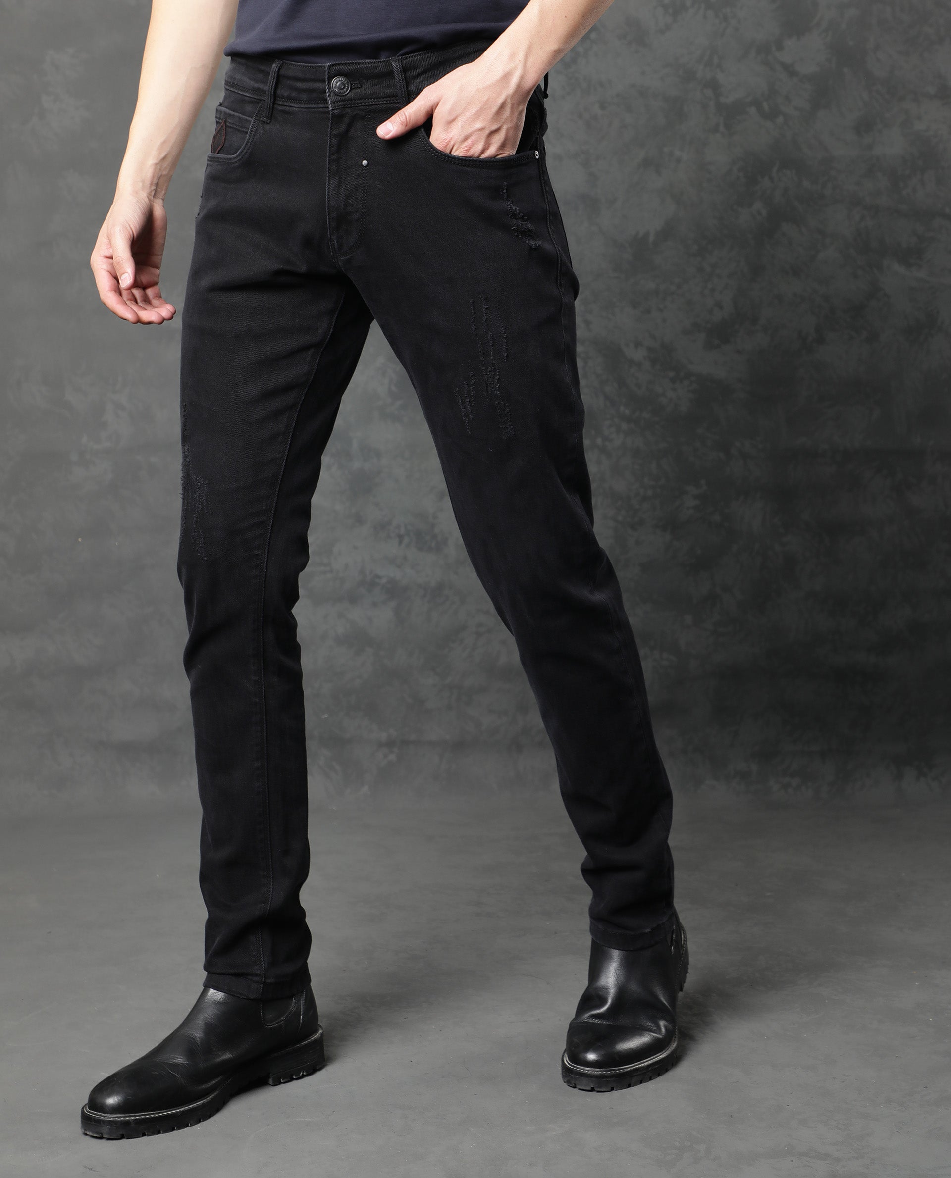 Rare Rabbit Men's Astra Black Rinse Wash Mid-Rise Slim Fit Jeans