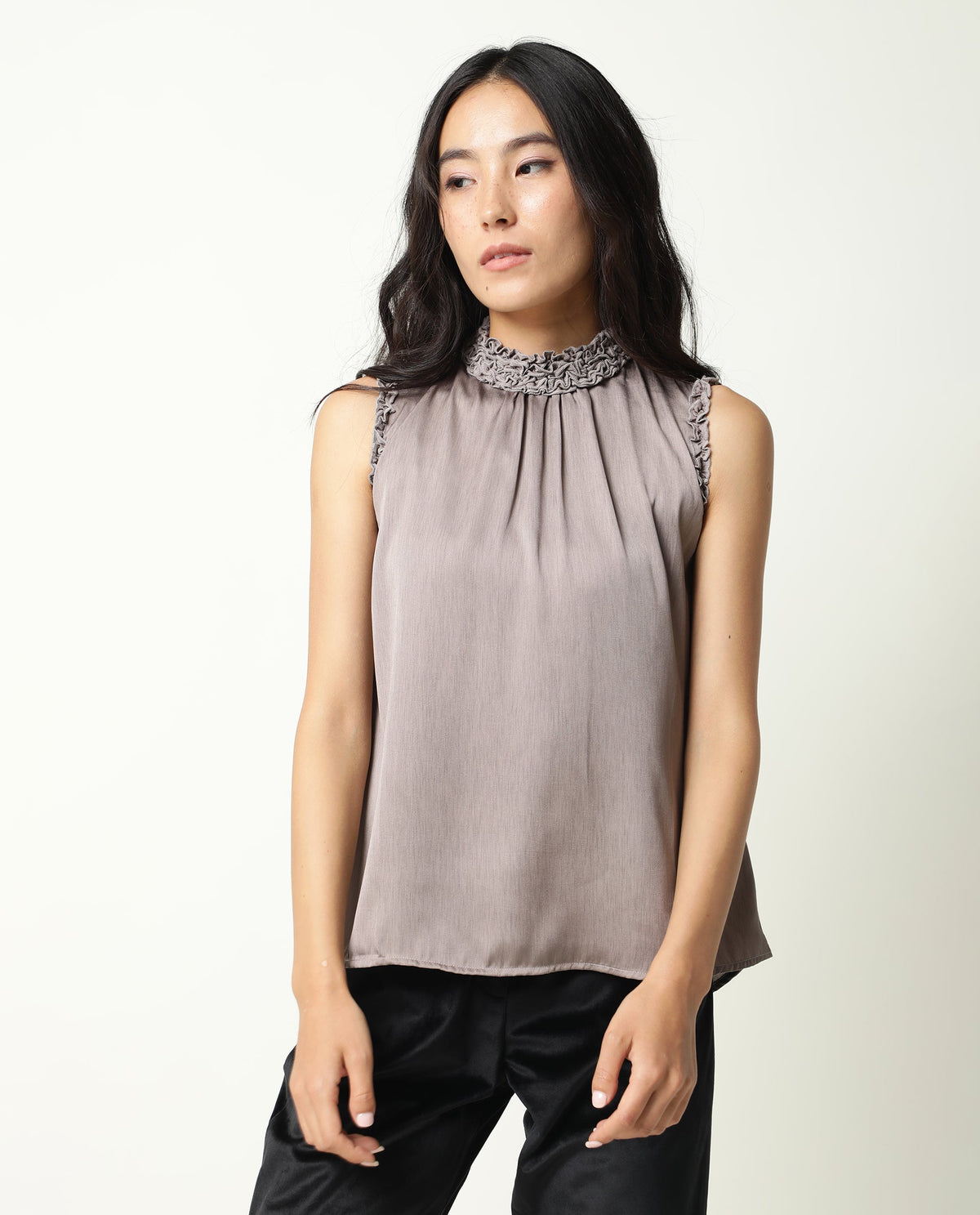 Rareism Womens Baileys Beige Top Polyester Fabric  Sleeveless Ruffled Neck