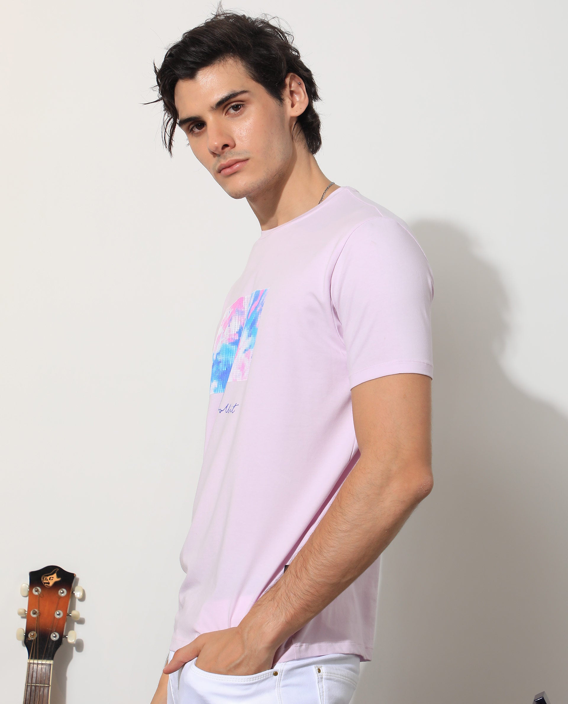 Rare Rabbit Men's Reed Pink Crew Neck Abstract Print With Branding Half Sleeves Slim Fit T-Shirt
