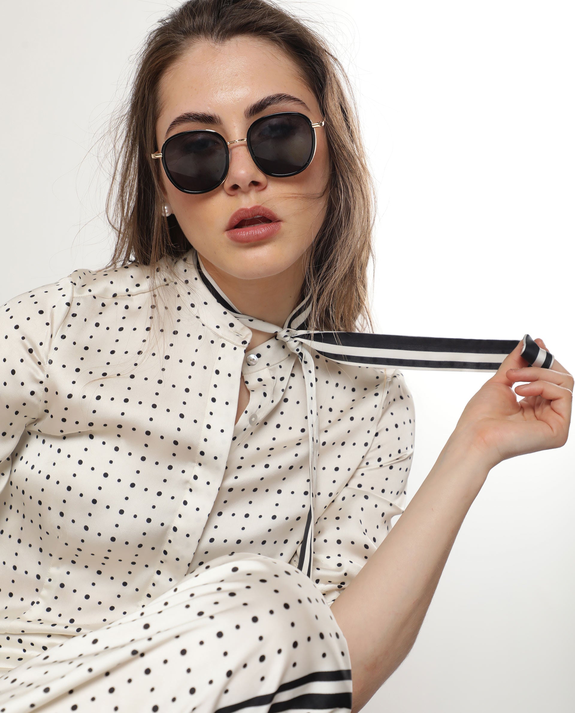 Rareism Women Zanax Beige Polyester Fabric Regular Fit Mandarin Collar 3/4Th Sleeves Polka Top