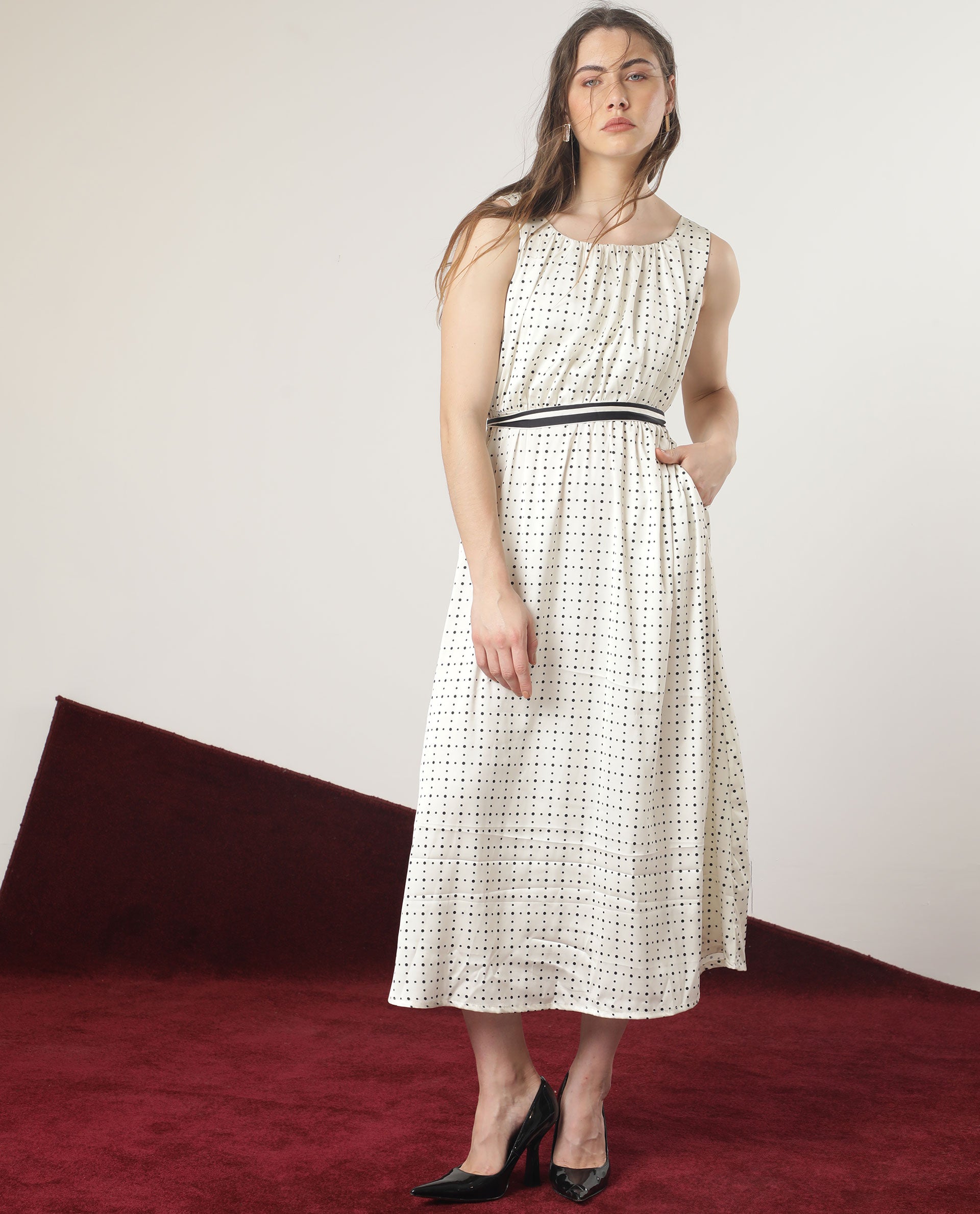 Rareism Women Narcissa Beige Polyester Fabric Boat Neck Sleeveless Regular Fit Polka Knee Length Empire Dress