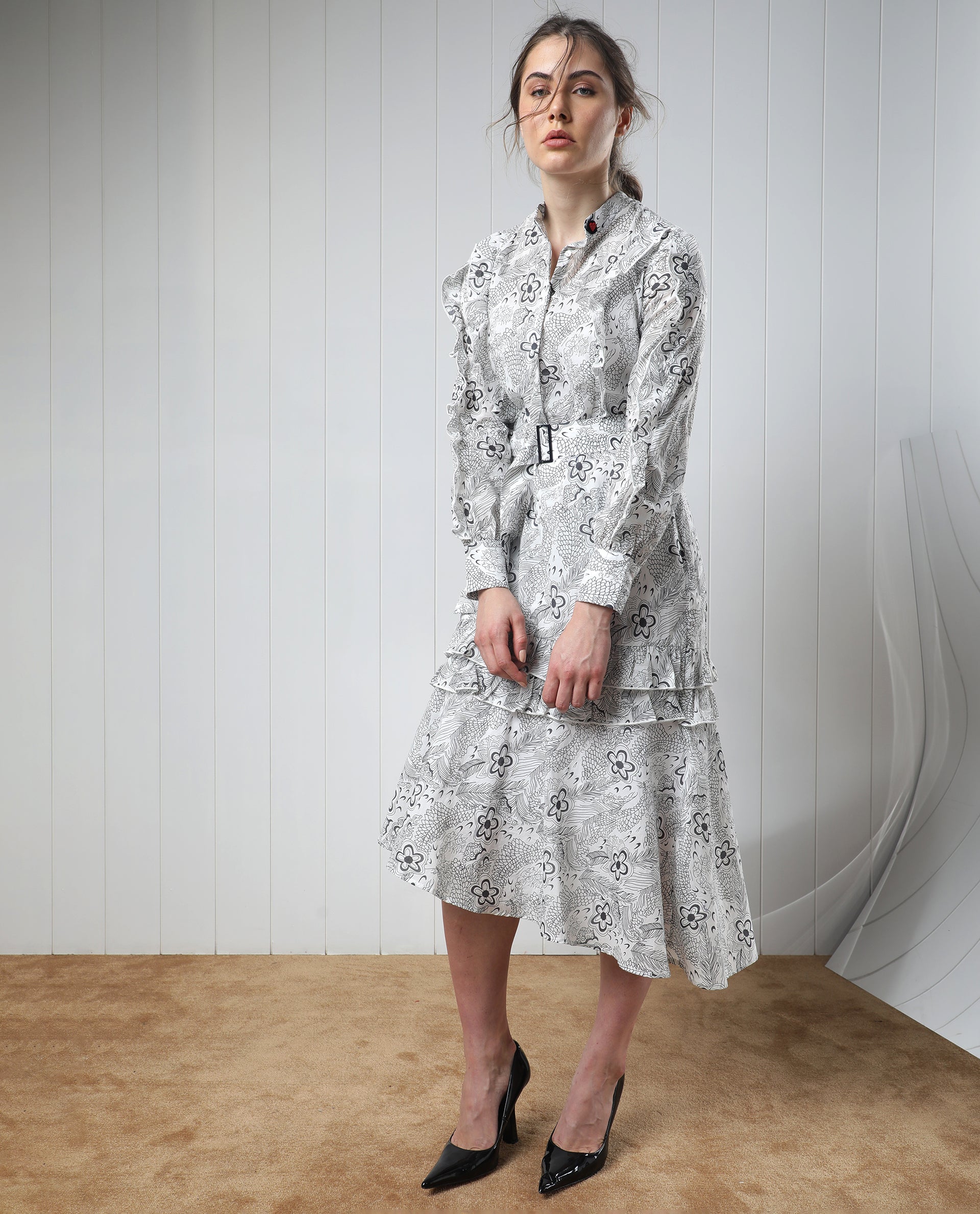 Rareism Women Roose White Cotton Fabric Full Sleeves Button Closure Mandarin Collar Regular Fit Floral Print Knee Length Flared Dress