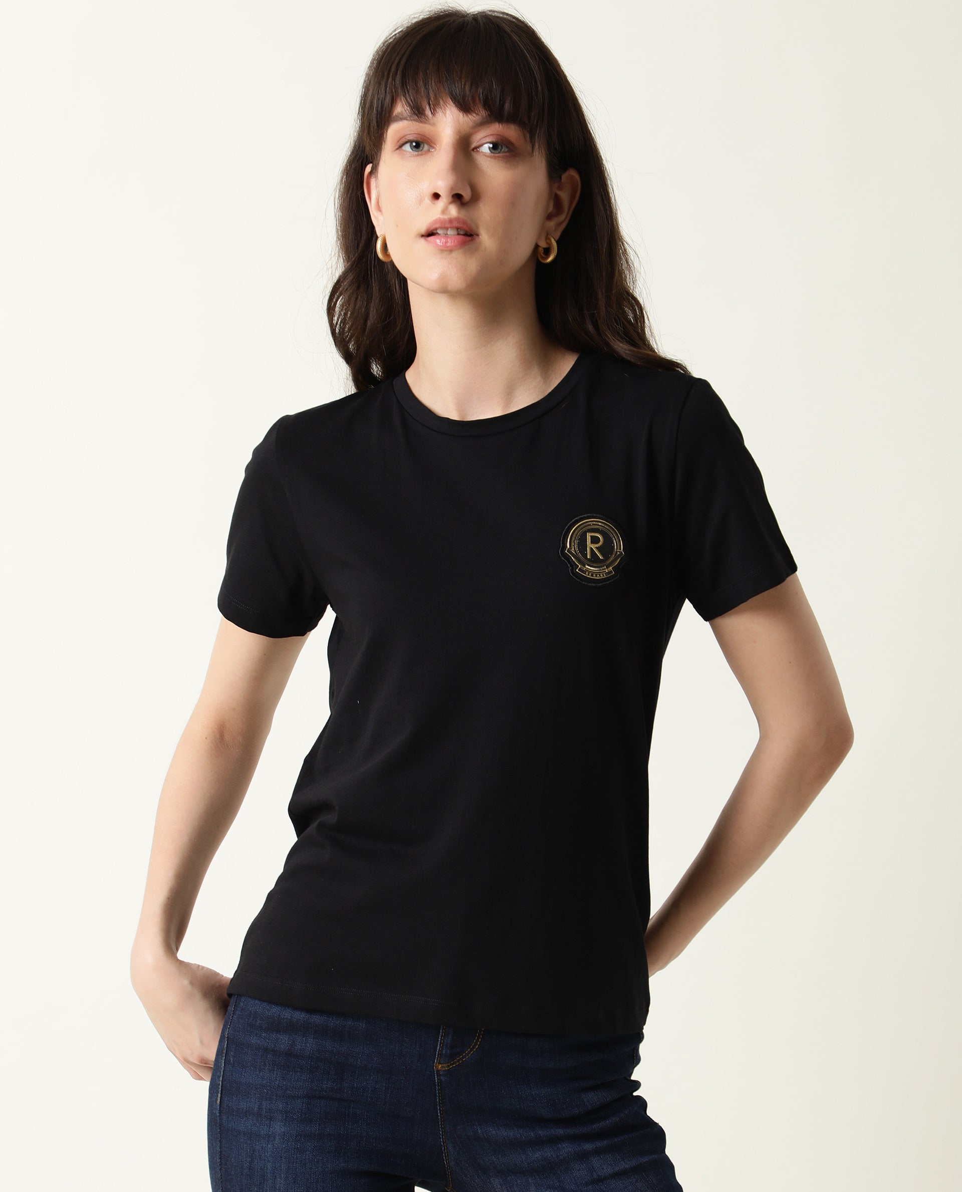 Rareism Women Fuji Black Cotton Fabric Regular Fit Half Sleeves Graphic Print Crew Neck T-Shirt