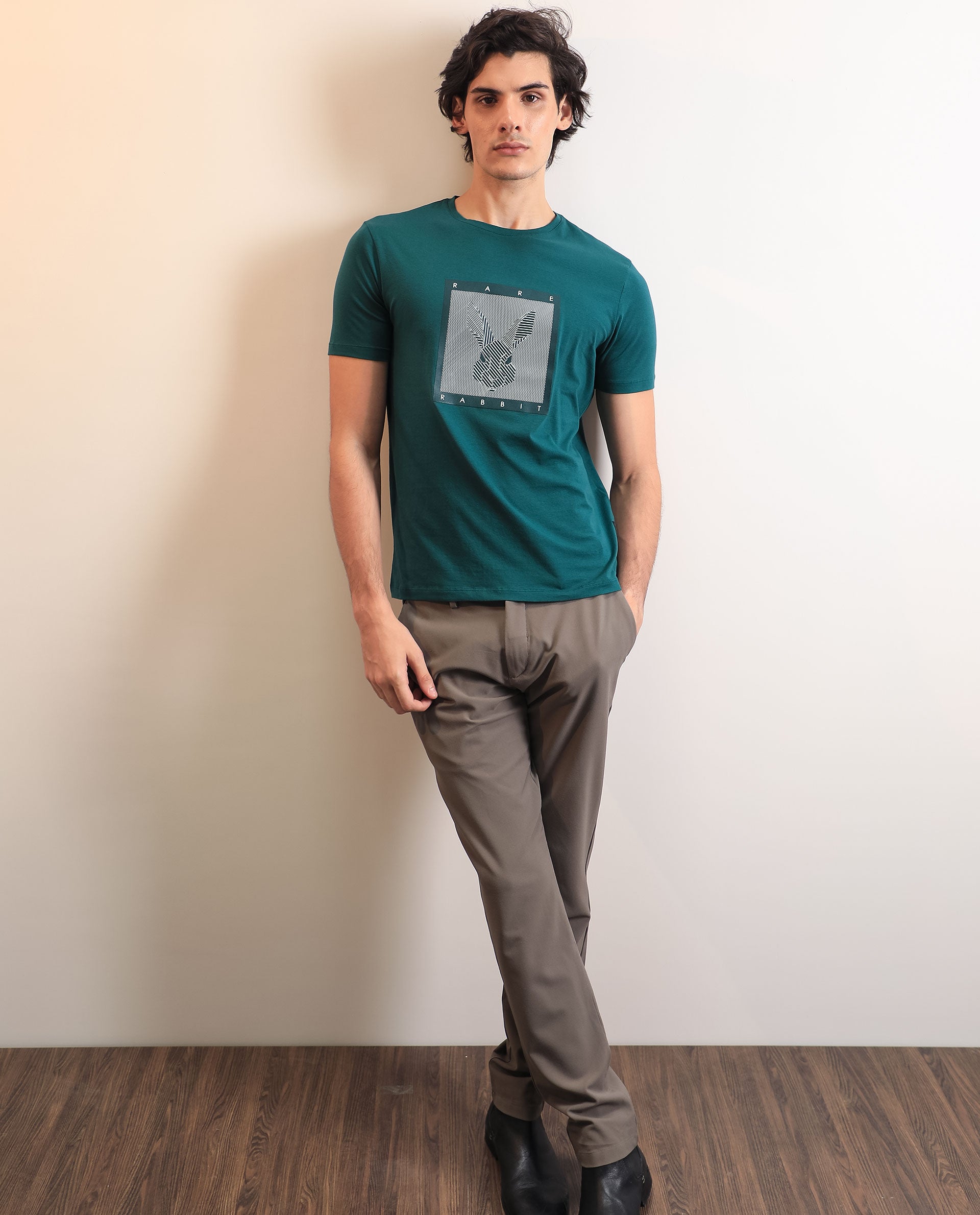 Rare Rabbit Men's Princeton Green Crew Neck Graphic Logo Printed Half Sleeves Slim Fit T-Shirt