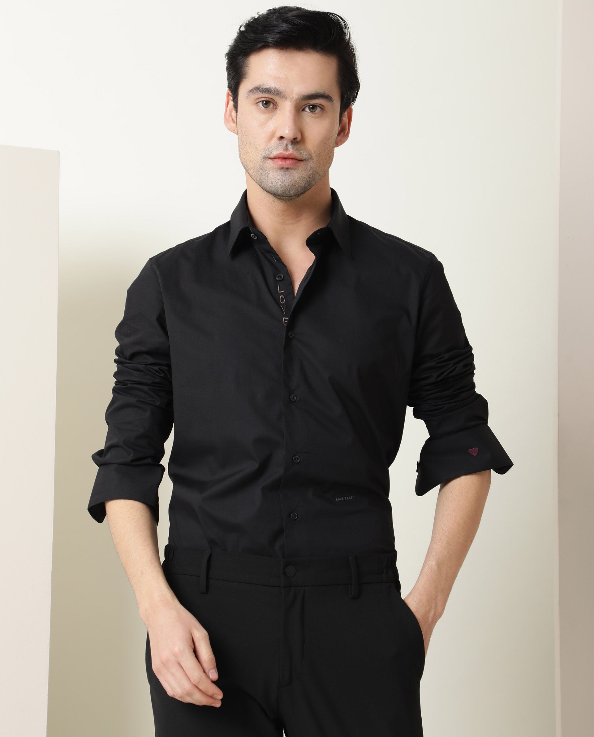 Rare Rabbit Men's I Love You Black Cotton Embroidered Regular Fit Full Sleeve Collared Shirt