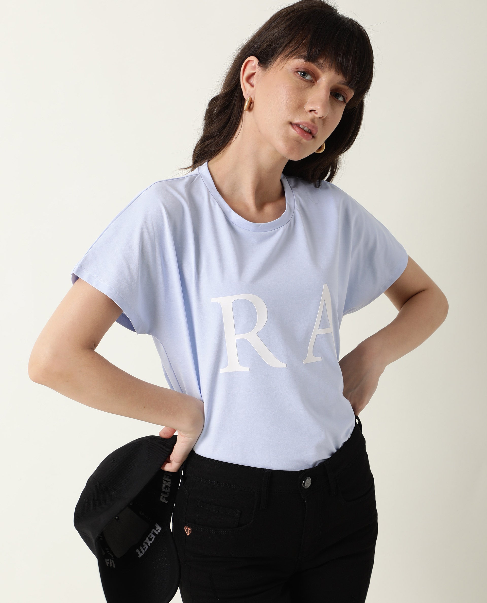 Rareism Women Hush Blue Poly Cotton Fabric Regular Fit Half Sleeves Graphic Print Crew Neck T-Shirt