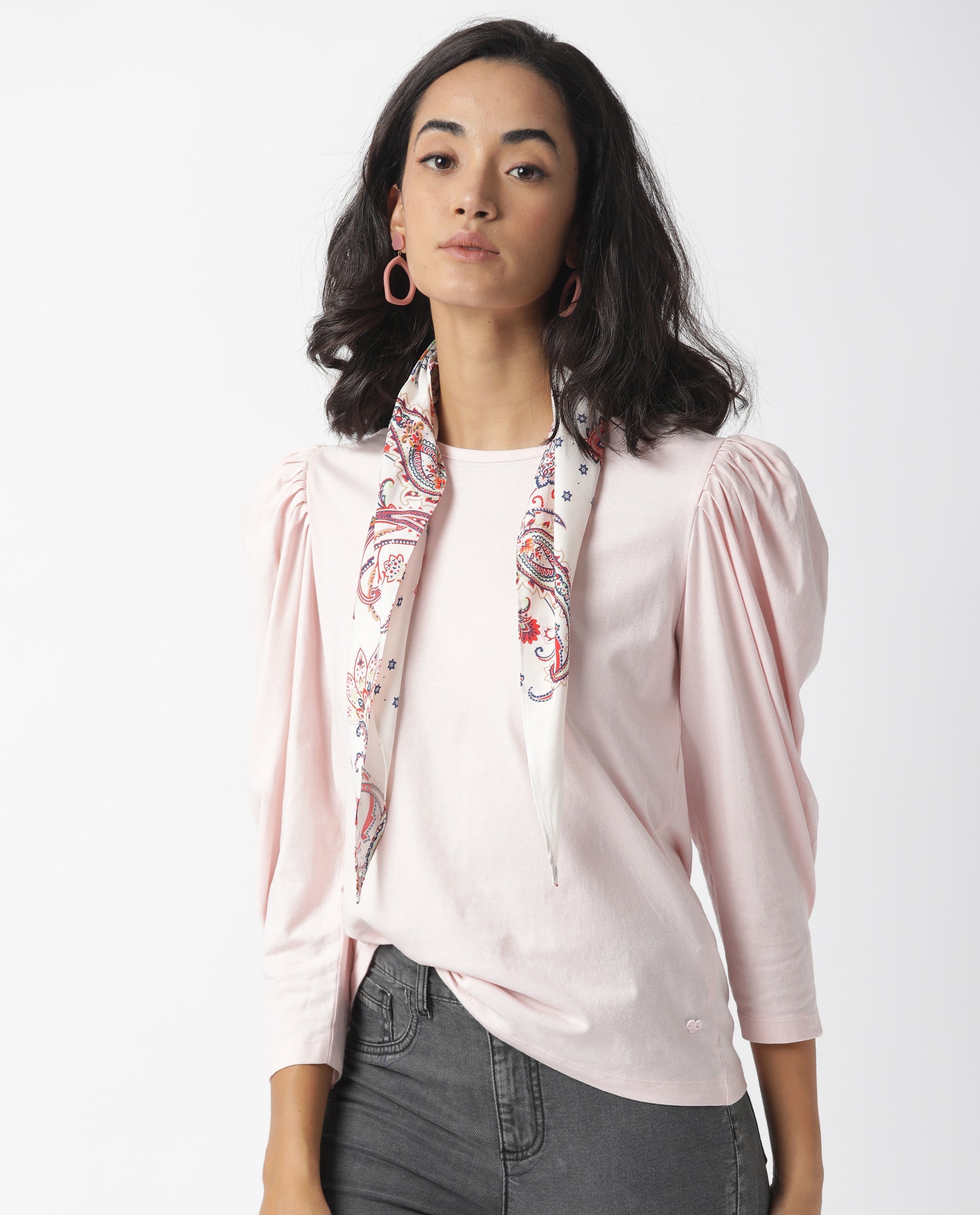 Rareism Womens Ballerina Pink Top Cotton Fabric Regular Fit Puff Sleeves Round Neck