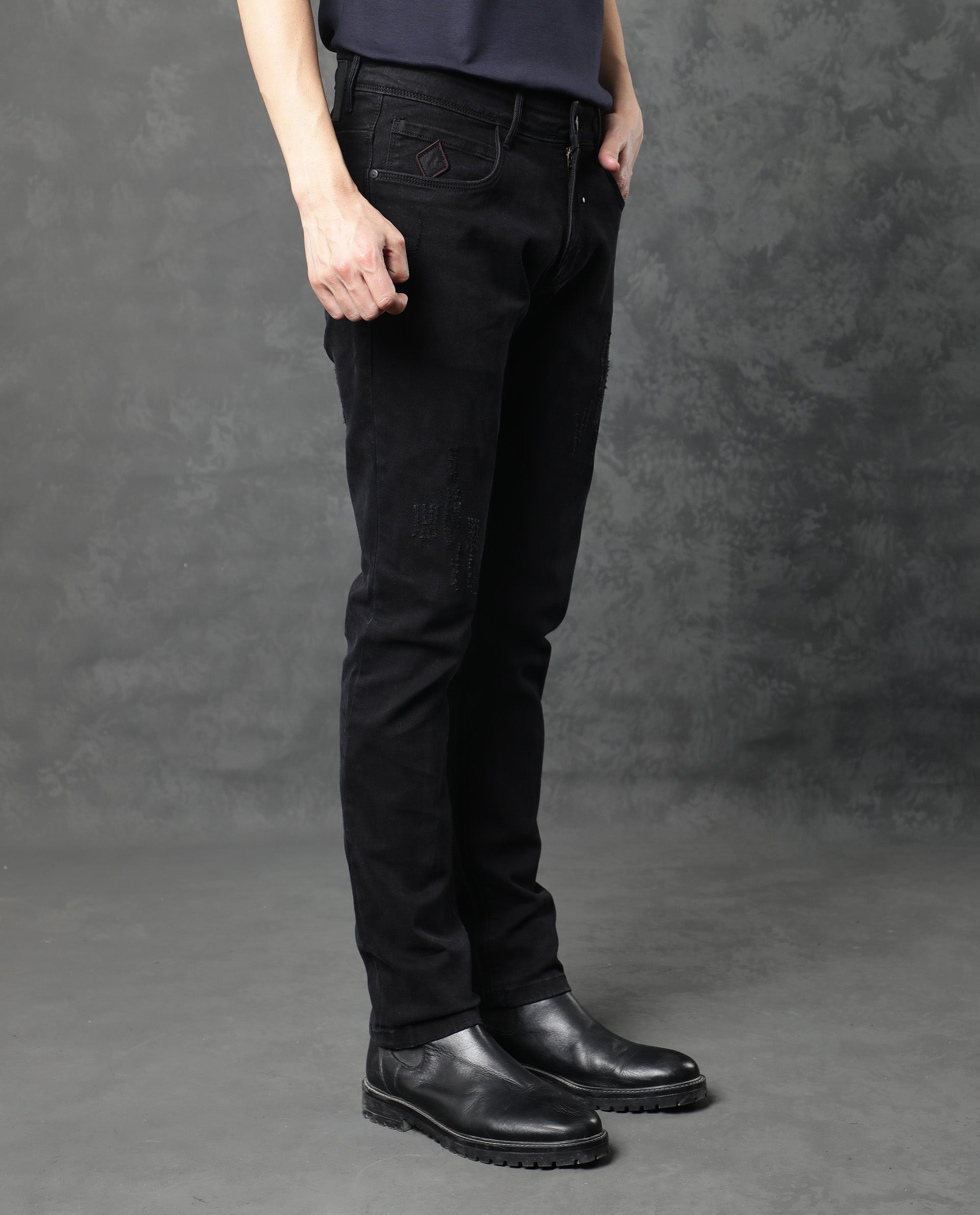 Rare Rabbit Men's Astra Black Rinse Wash Mid-Rise Slim Fit Jeans