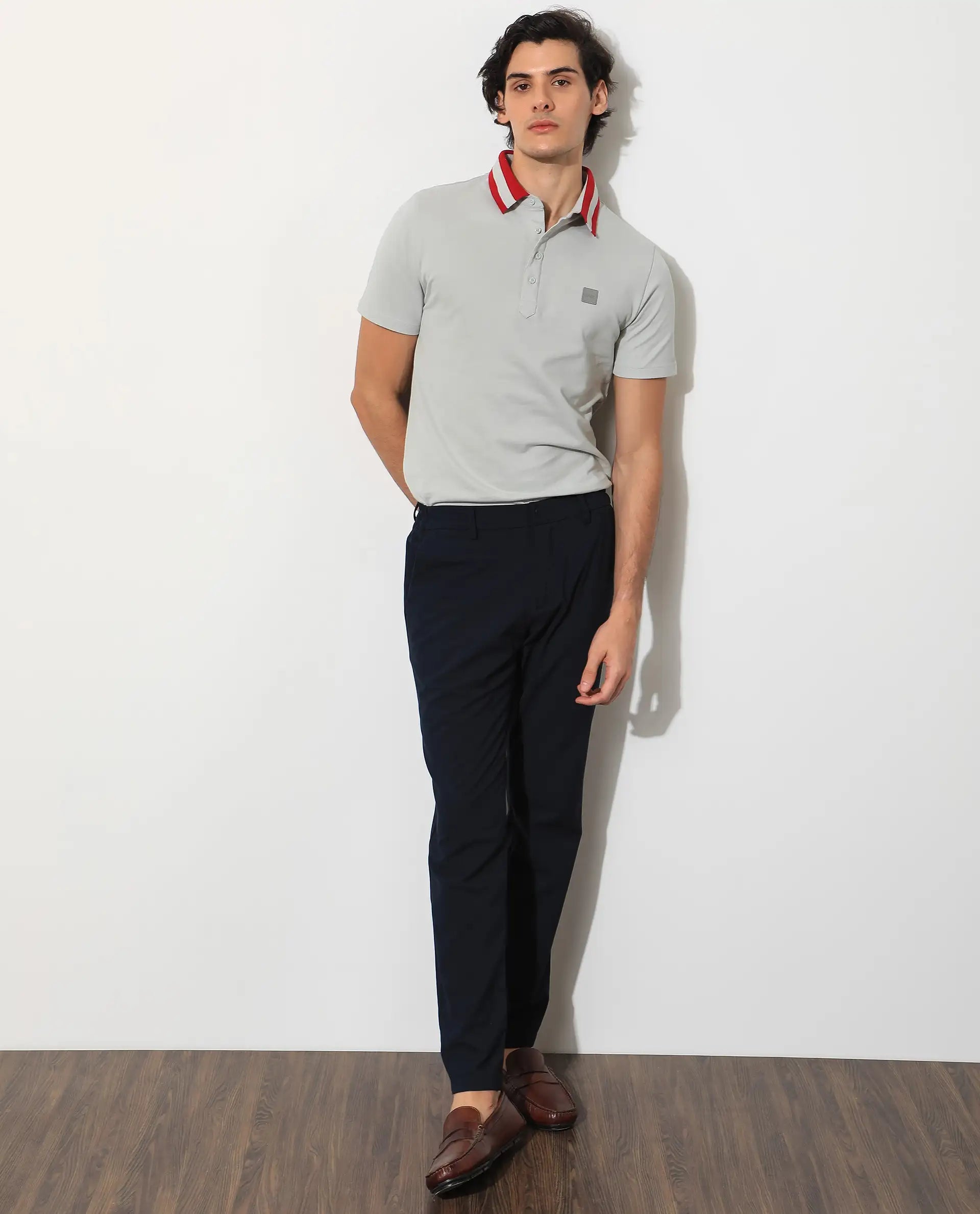 Rare Rabbit Men's Divide Light Grey Cotton Plain Regular Fit Half Sleeve Polo