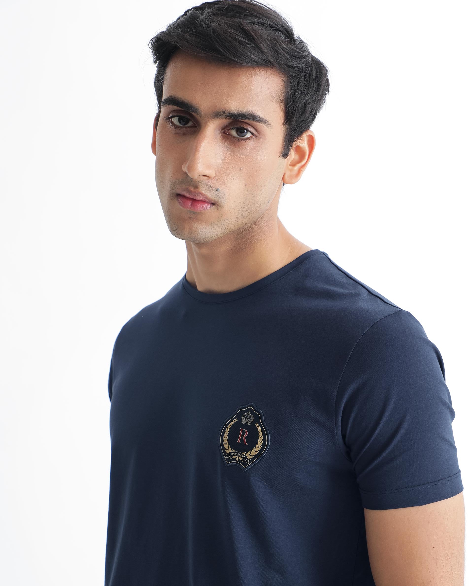 Rare Rabbit Men's Kos Navy Solid Crew Neck Chest Embroidered Label Branding Half Sleeves Regular Fit T-Shirt