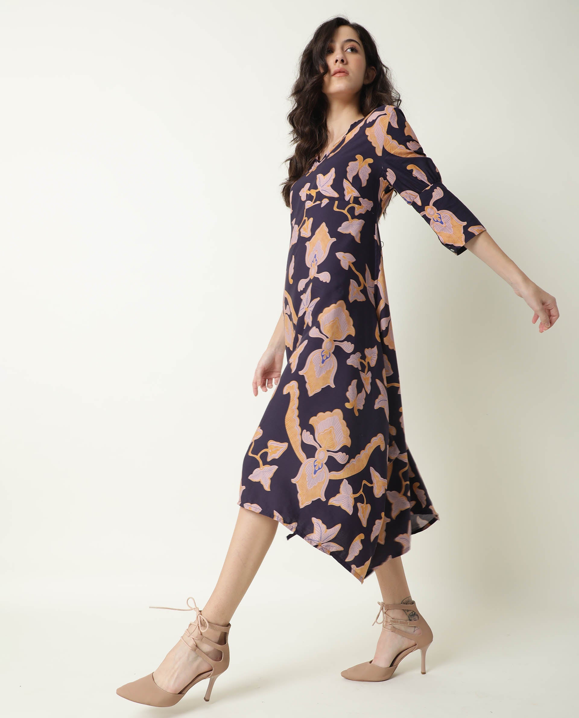 Rareism Women Kenna Navy Abstract Print V Neck 3/4 Sleeves Asymmetric Knee Length Dress