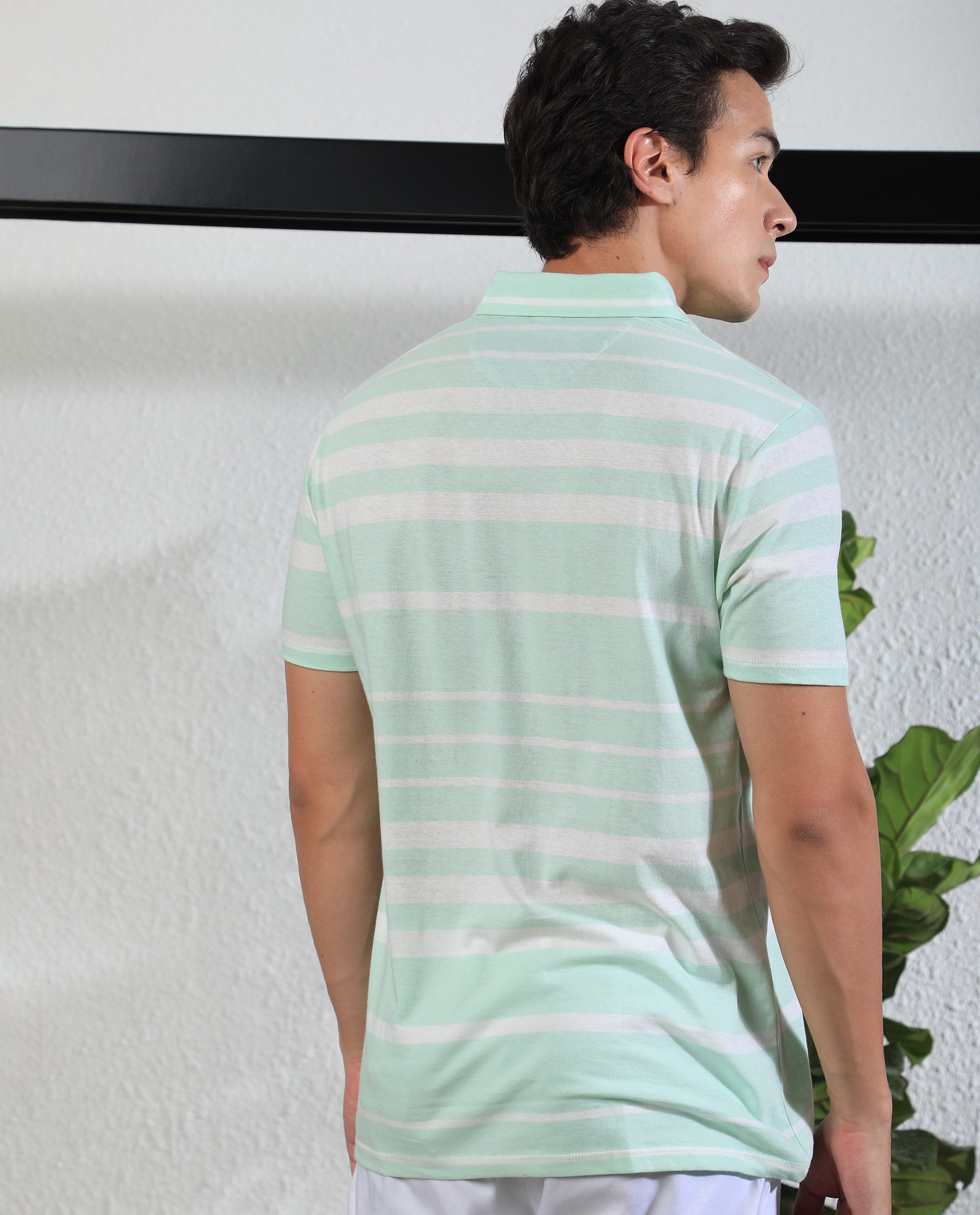 Rare Rabbit Men's Crossingss Green Cotton Fabric Collared Neck Half Sleeves Striped Polo T-Shirt