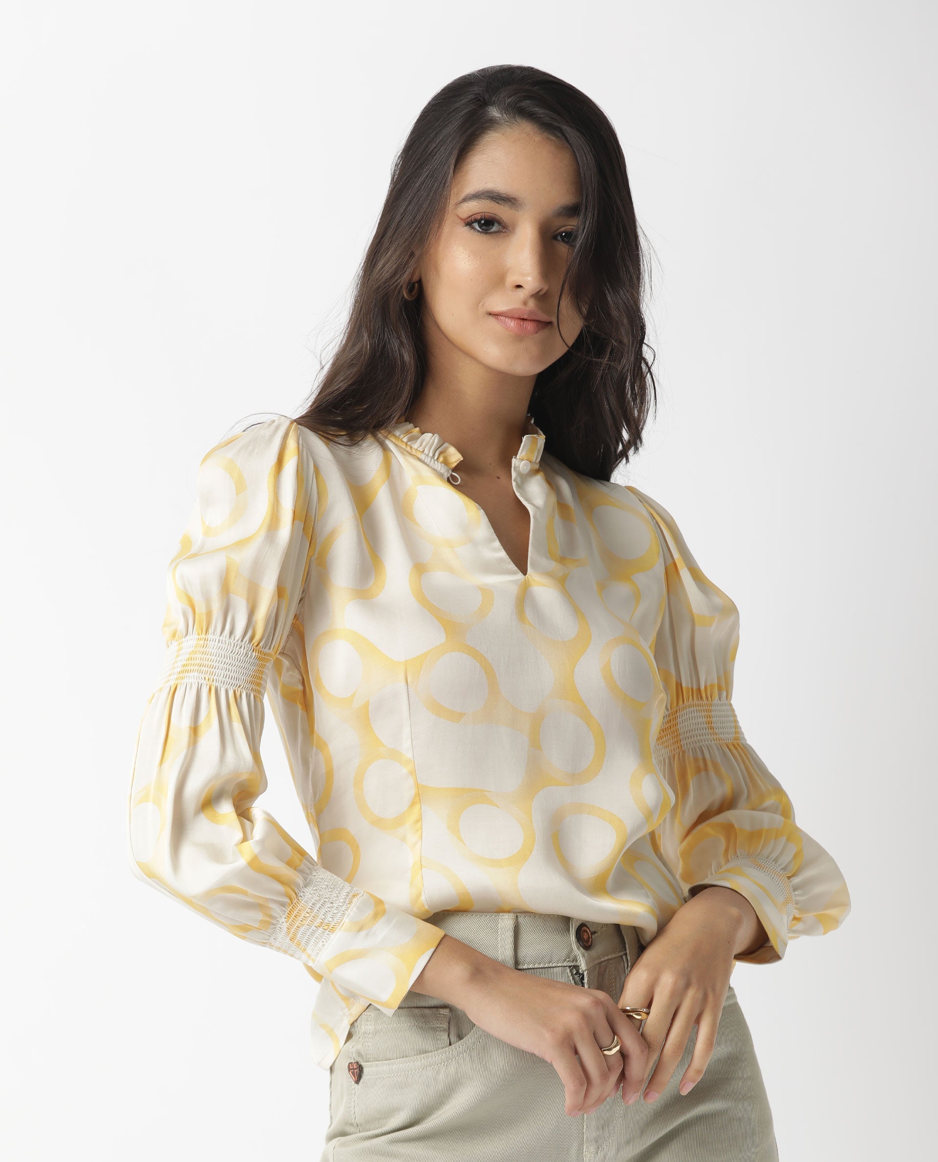 Rareism Women Emm Off White Modal Satin Fabric Slim Fit Ruffled Neck Full Sleeves Print Top