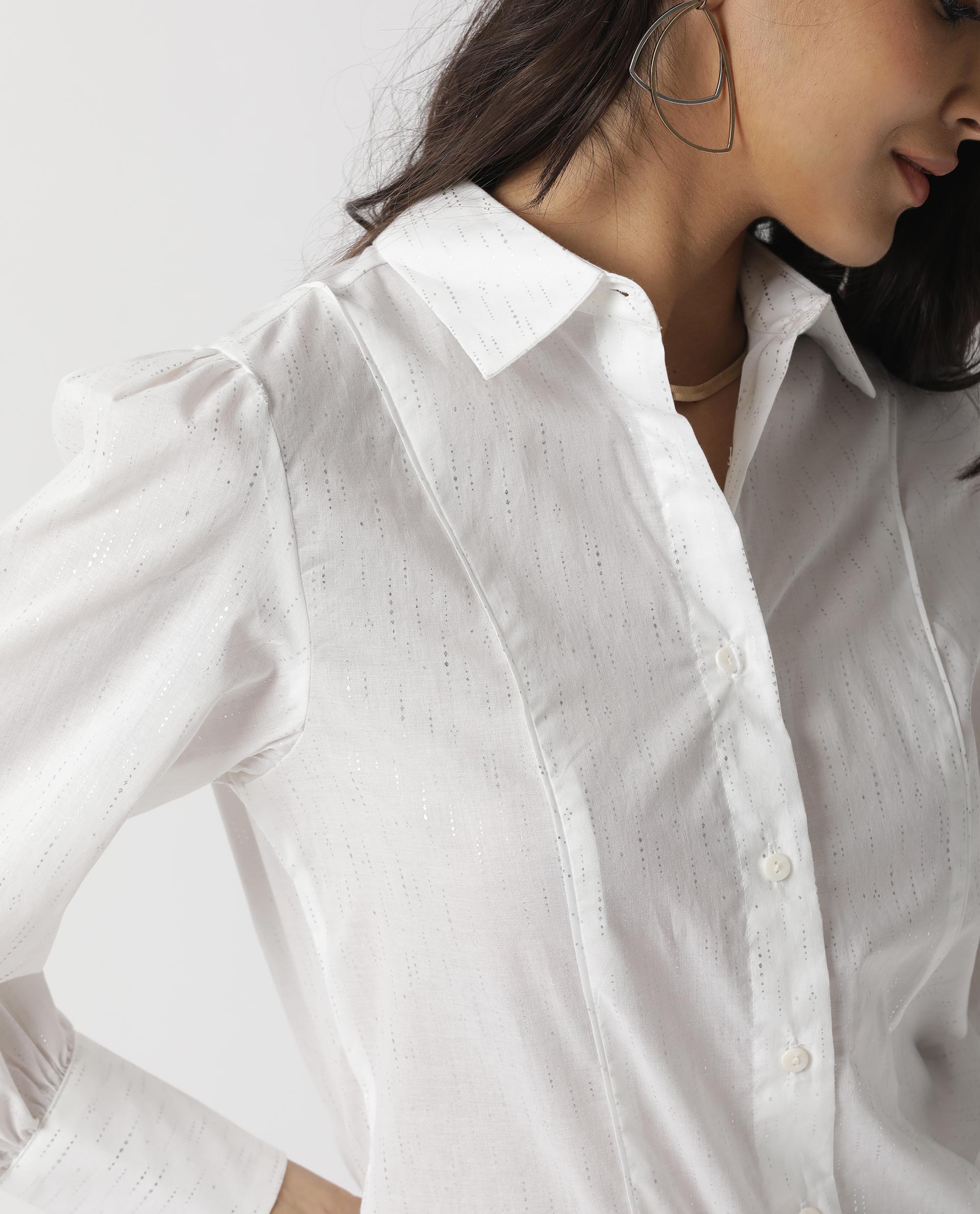 Rareism Women Camelo White Cotton Fabric Regular Fit Shirt Collar Full Sleeves Solid Top
