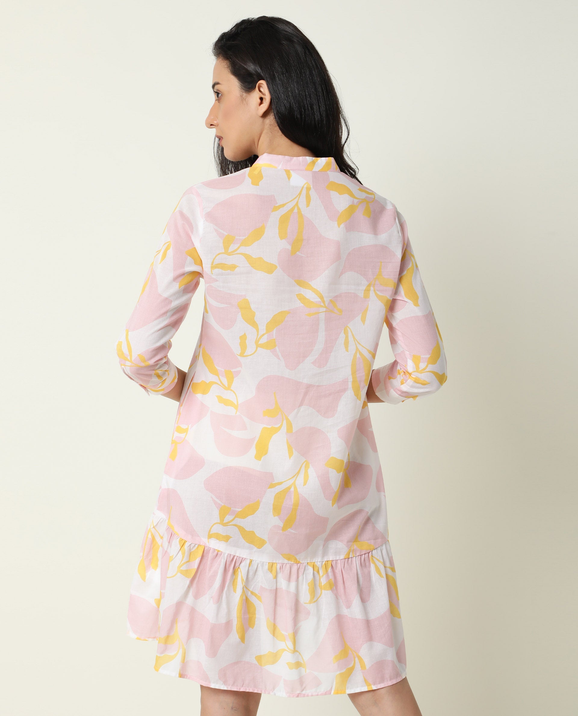 Rareism Women Champ Pink Abstract Print High Neck 3/4 Sleeves Front Full Button Closure Placket Mini Dress