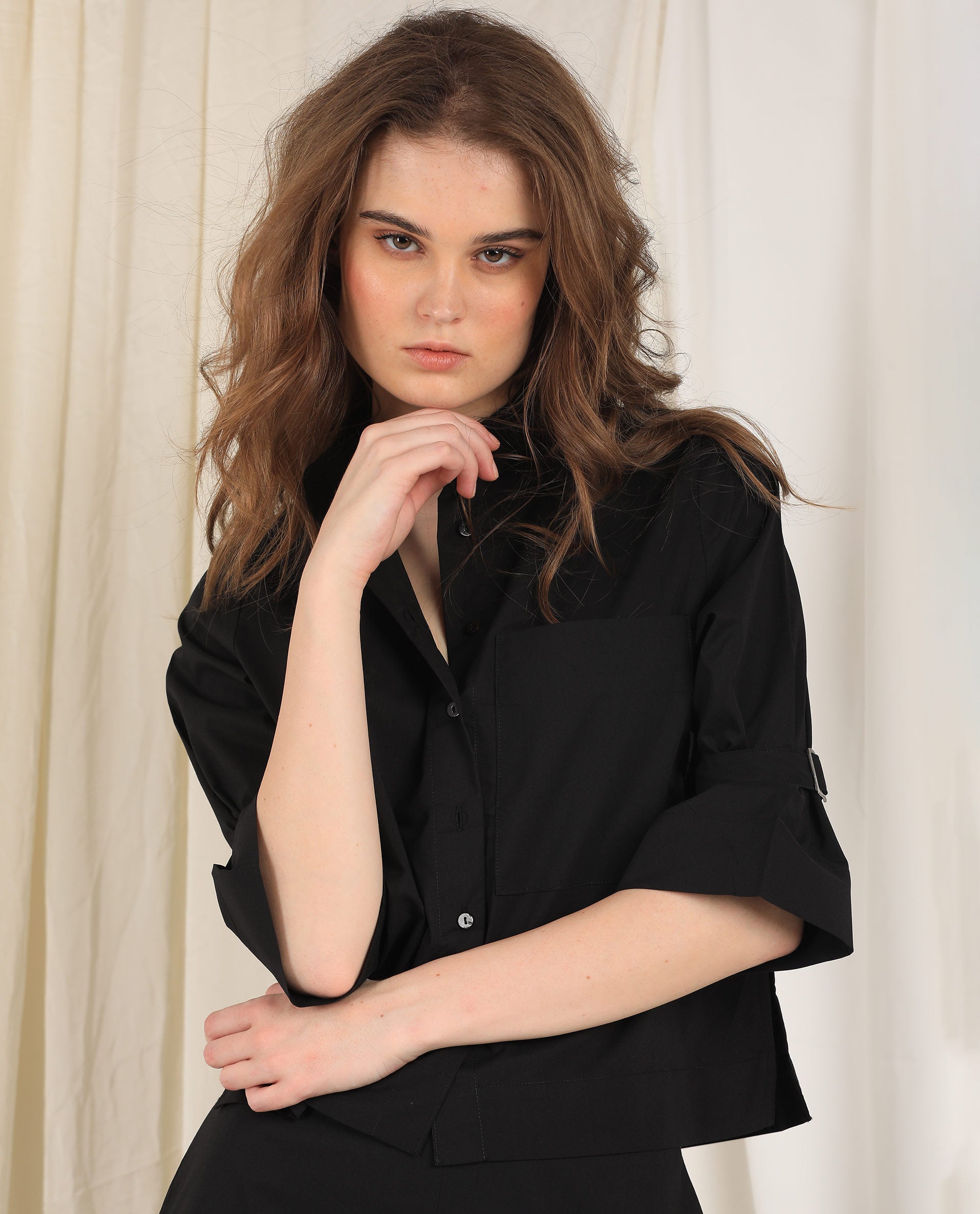 Rareism Womens Sendai Black Top Poly Lycra Fabric Regular Fit Half Sleeve Collared Neck