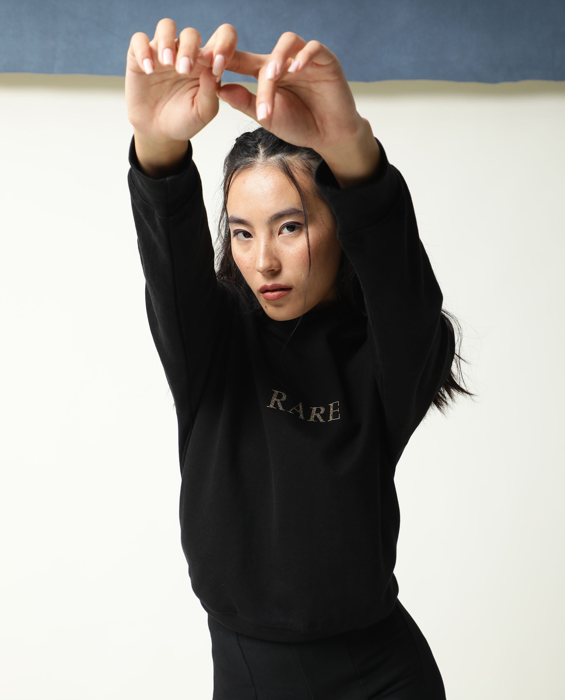 Rareism Womens Goldy Black Sweatshirt Crew Neck Full Sleeve Cotton Blend Fabric Relaxed Fit