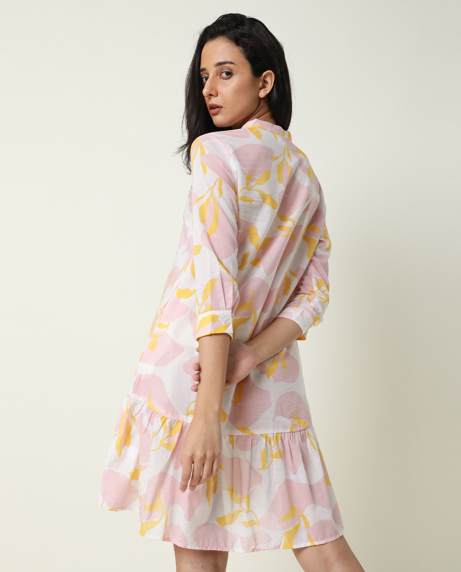 Rareism Women Champ Pink Abstract Print High Neck 3/4 Sleeves Front Full Button Closure Placket Mini Dress