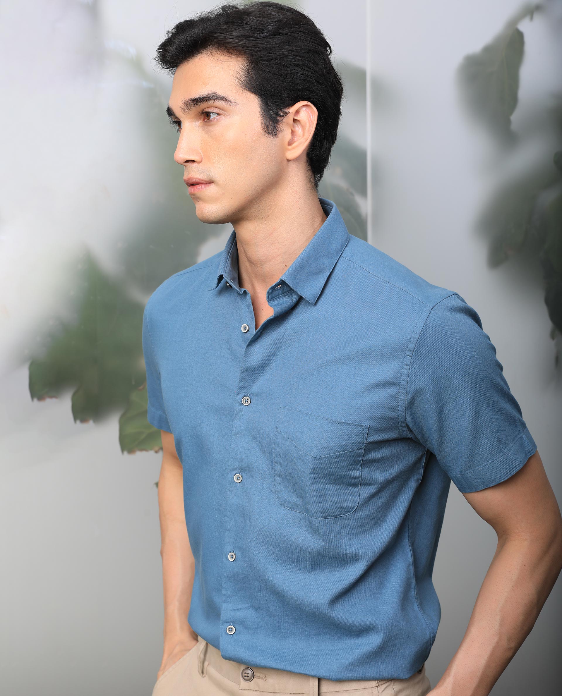 Rare Rabbit Mens Darwin Blue Cotton Fabric Short Sleeves Regular Fit Solid Shirt