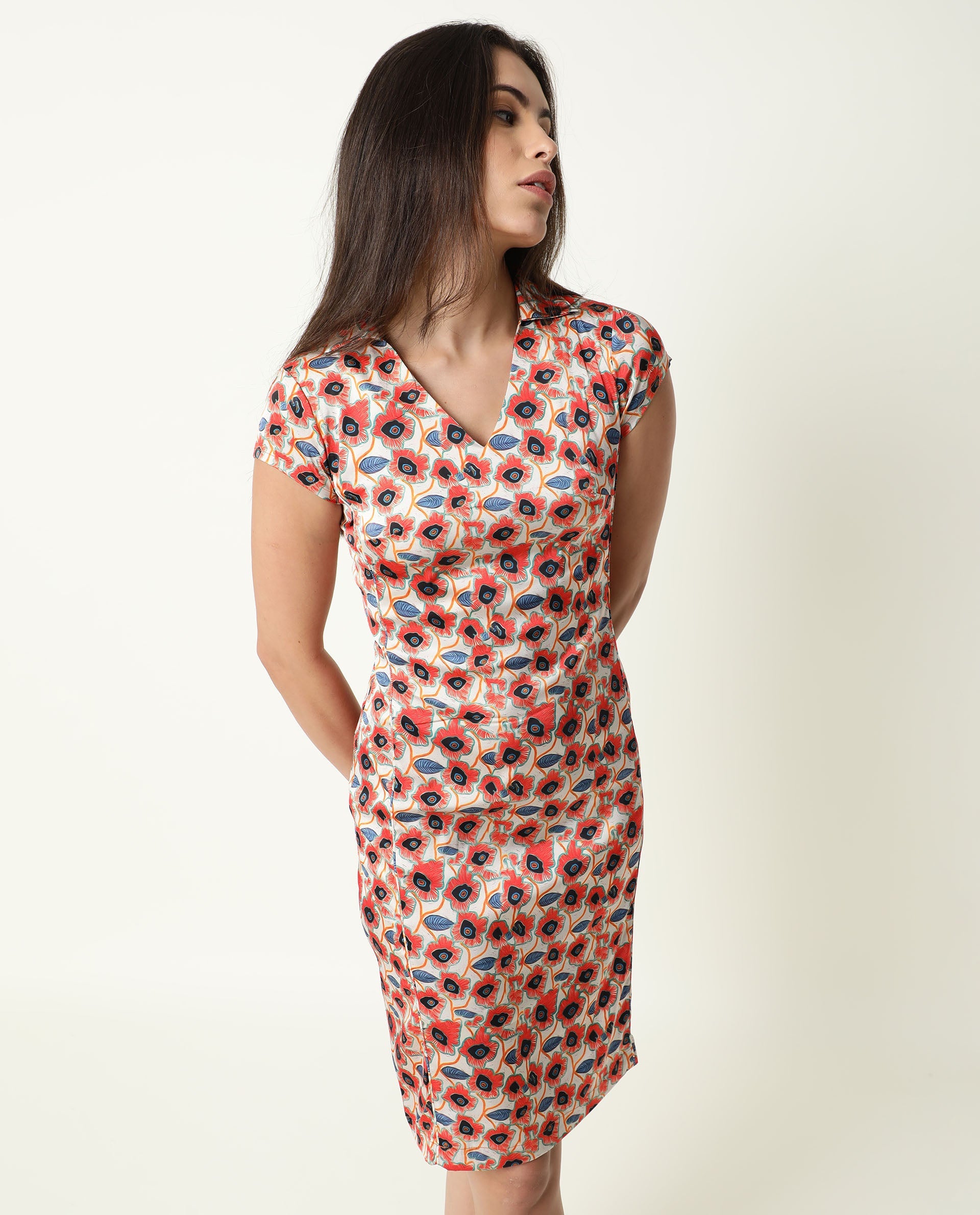 Rareism Women Orleans Beige Shirt Collar Cap Sleeves Mini Dress