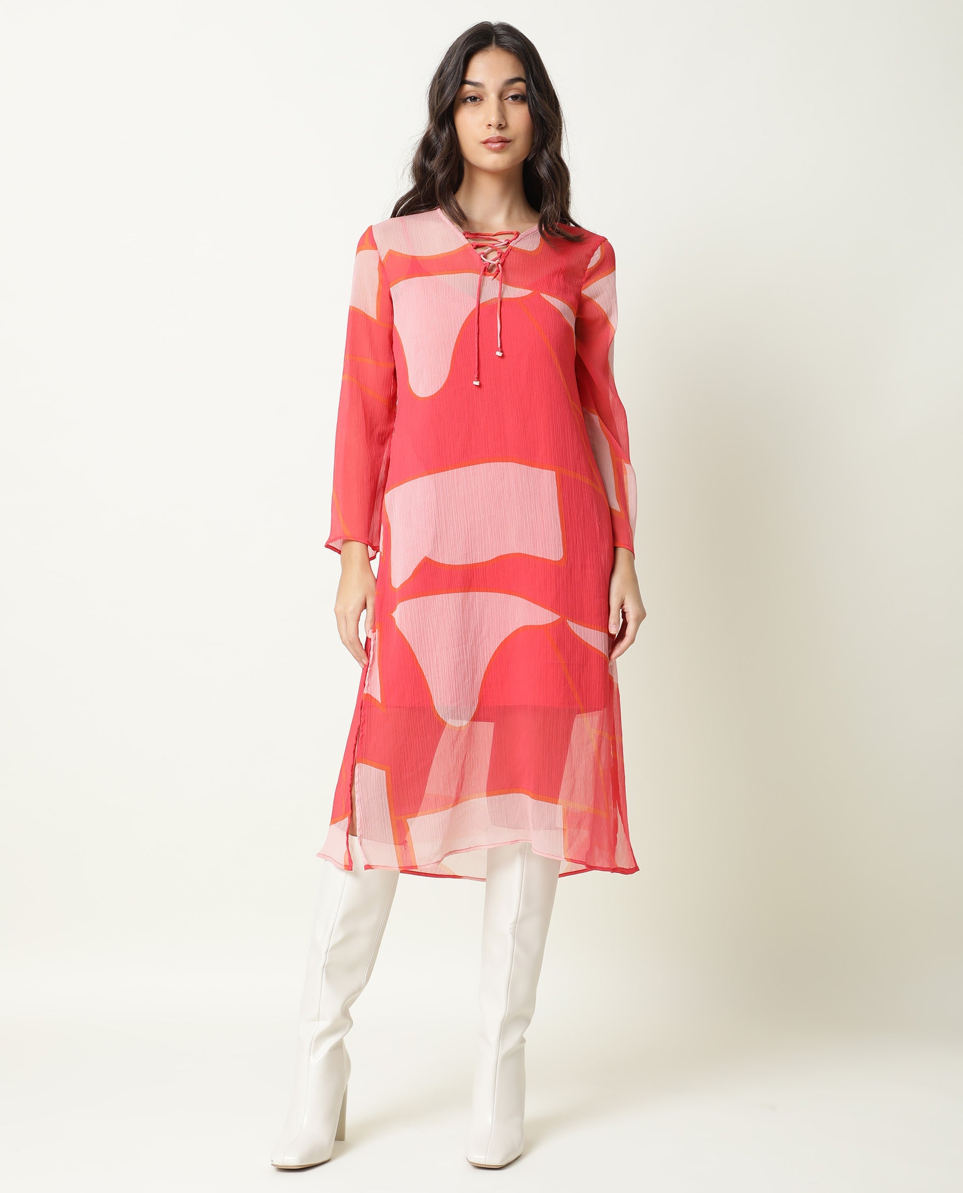 Rareism Women Benett Pink Abstract V Neck With Criss Cross Tie Up Full Sleeves Midi Dress