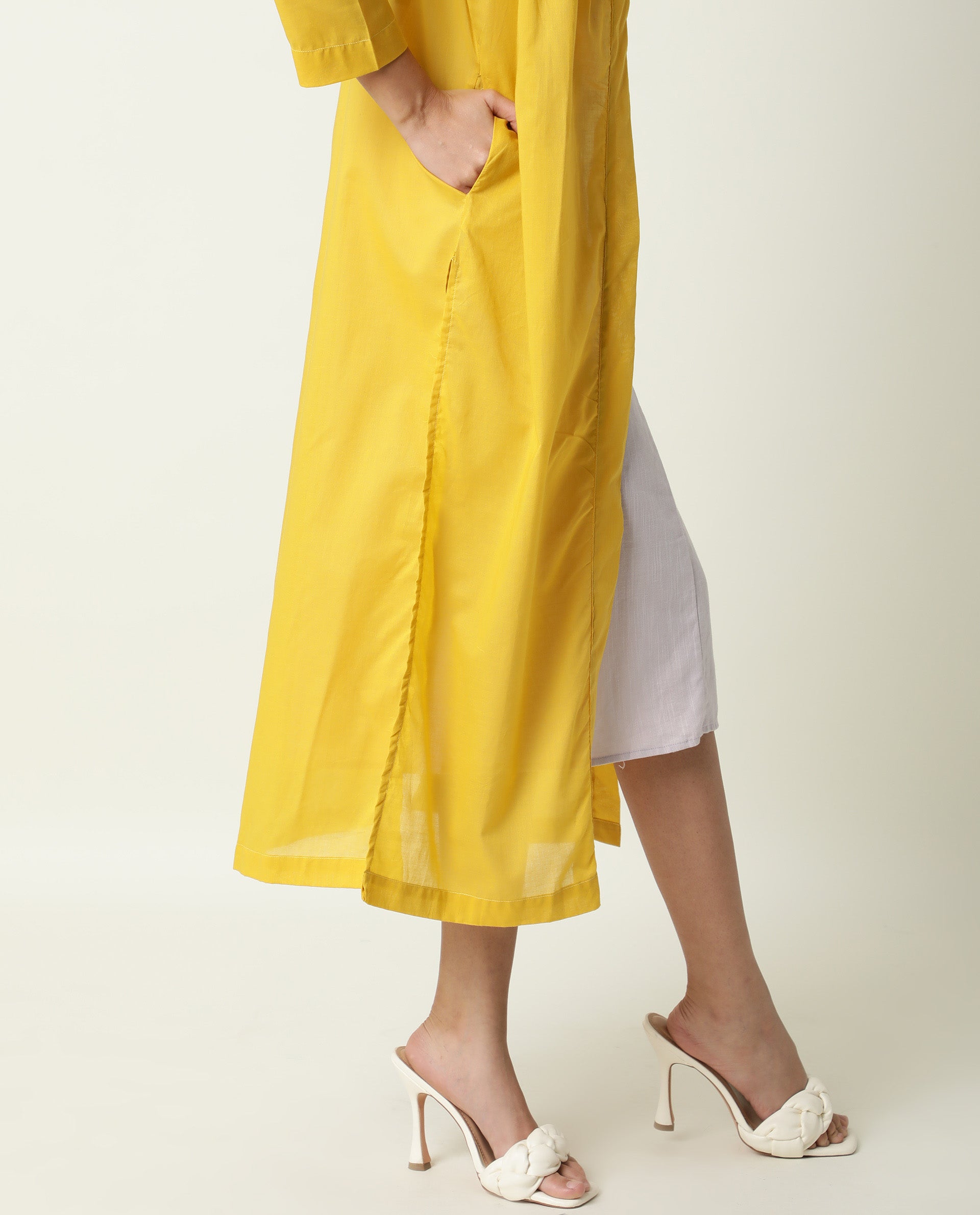 Rareism Women Java Yellow Cotton Fabric 3/4Th Sleeves Solid Collarless Knee Length Shrug