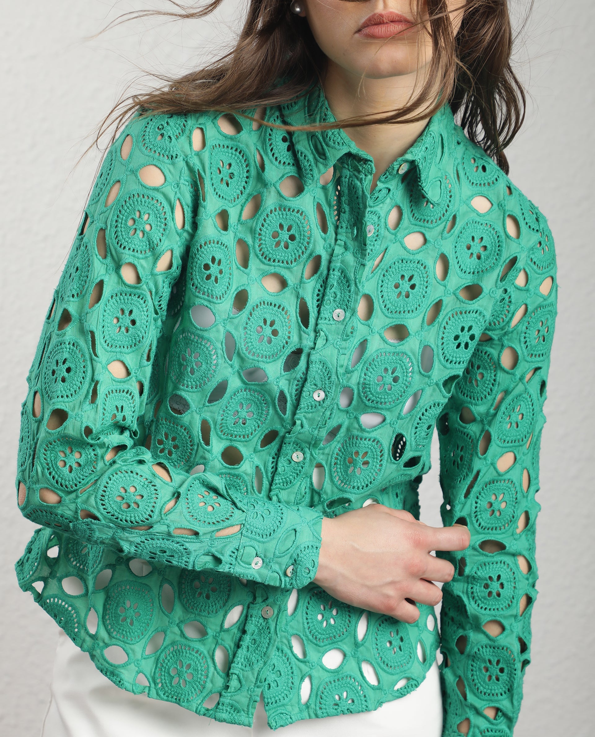 Rareism Women Olivia Green Top Cotton Fabric Full Sleeves Solid