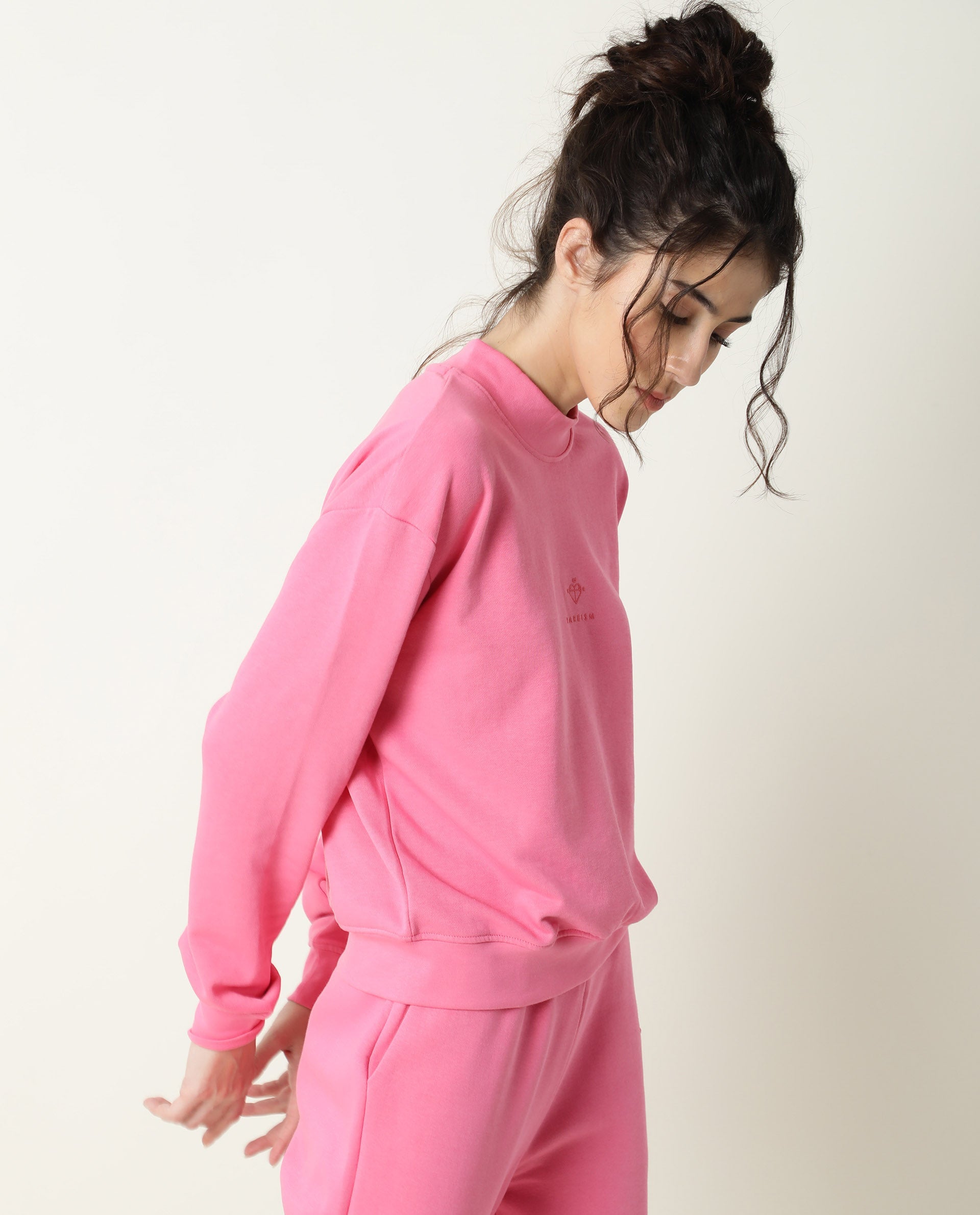 Rareism Women Necker Pink  Relaxed Fit Full Sleeves Solid High Neck Sweatshirt