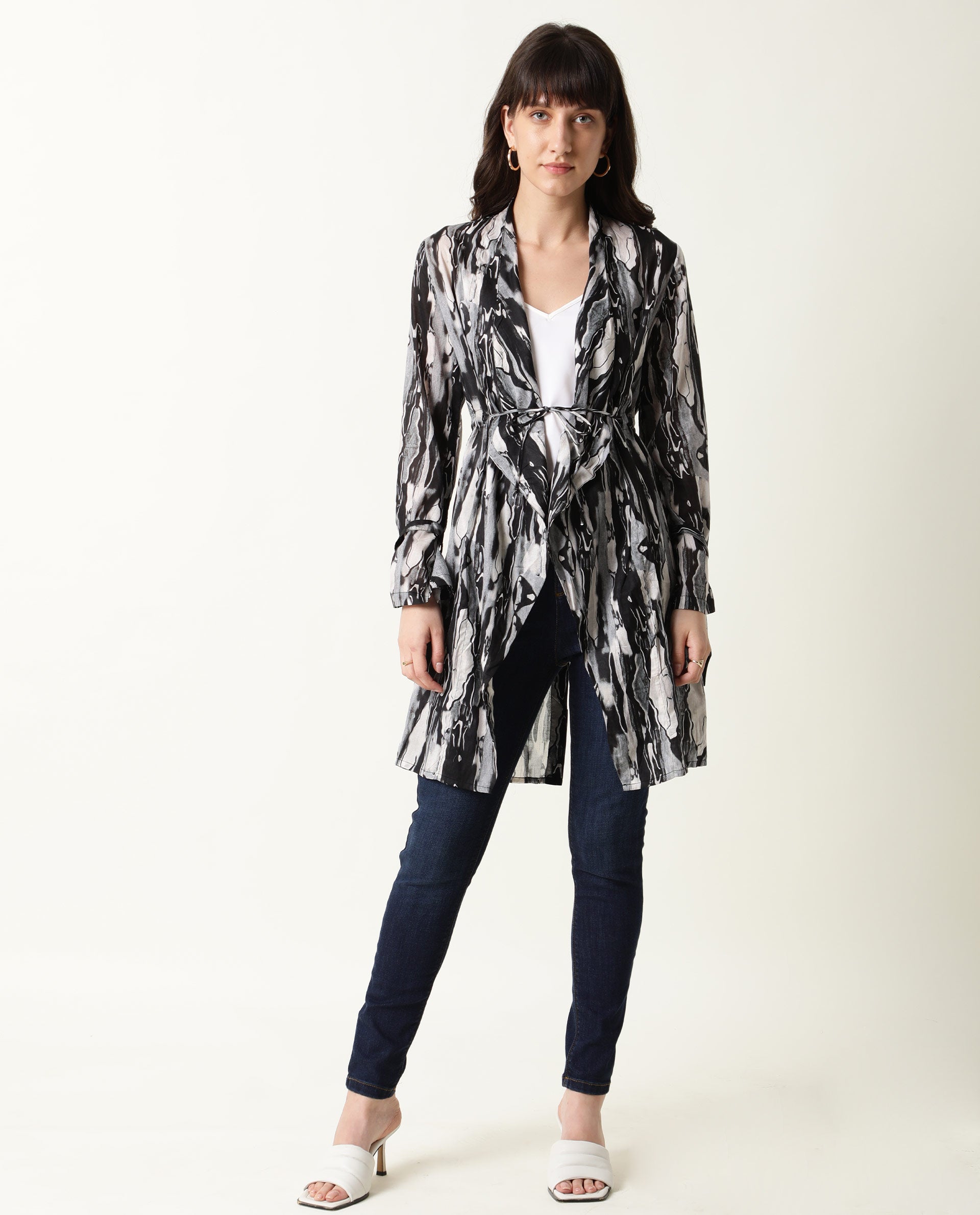 Rareism Women Shake Black Cotton Fabric Relaxed Fit Knee Length Abstract Print Collarless Outer Wear