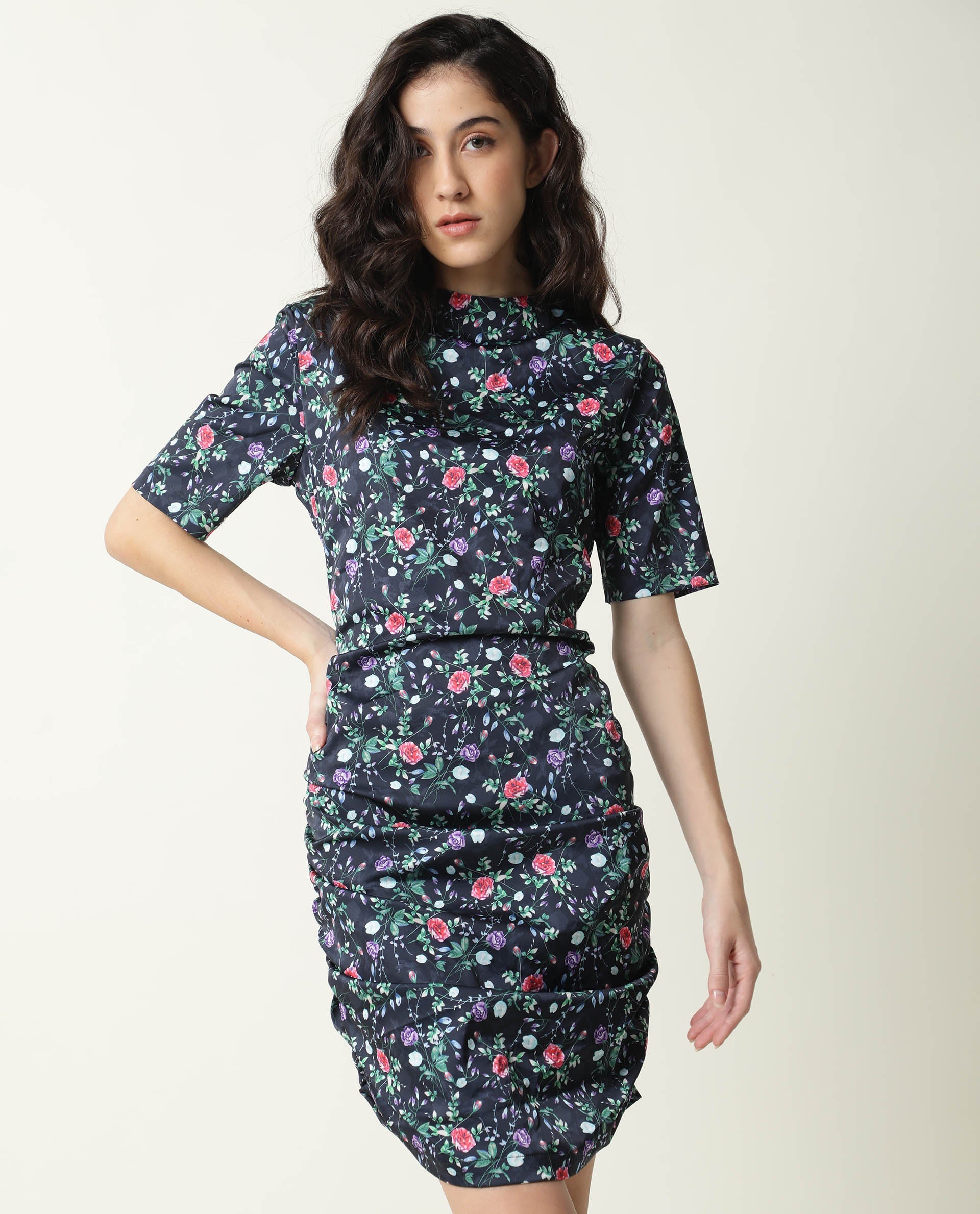 Rareism Women John Navy Floral Print High Neck Short Sleeves Ruching At Sides And Back With Back Zip Closure Mini Dress