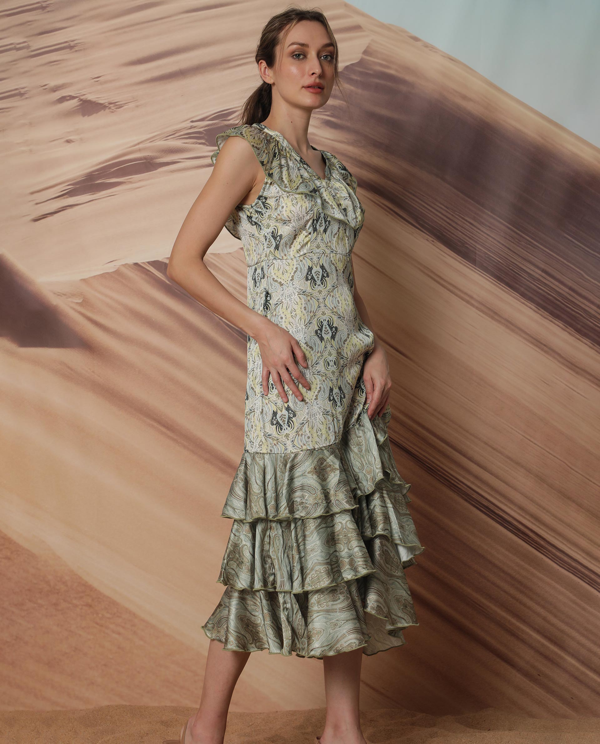 Rareism Women Aishia Off White Polyester Fabric Ruffled Neck Sleeveless Regular Fit Paisley Print Midi A-Line Dress