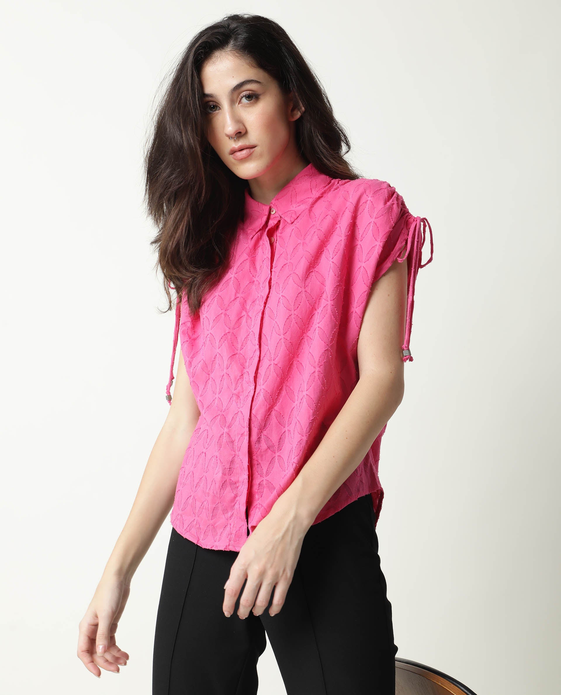 Rareism Womens Majesty Pink Top Cotton Fabric Comfortable Fit Half Sleeve Collared Neck