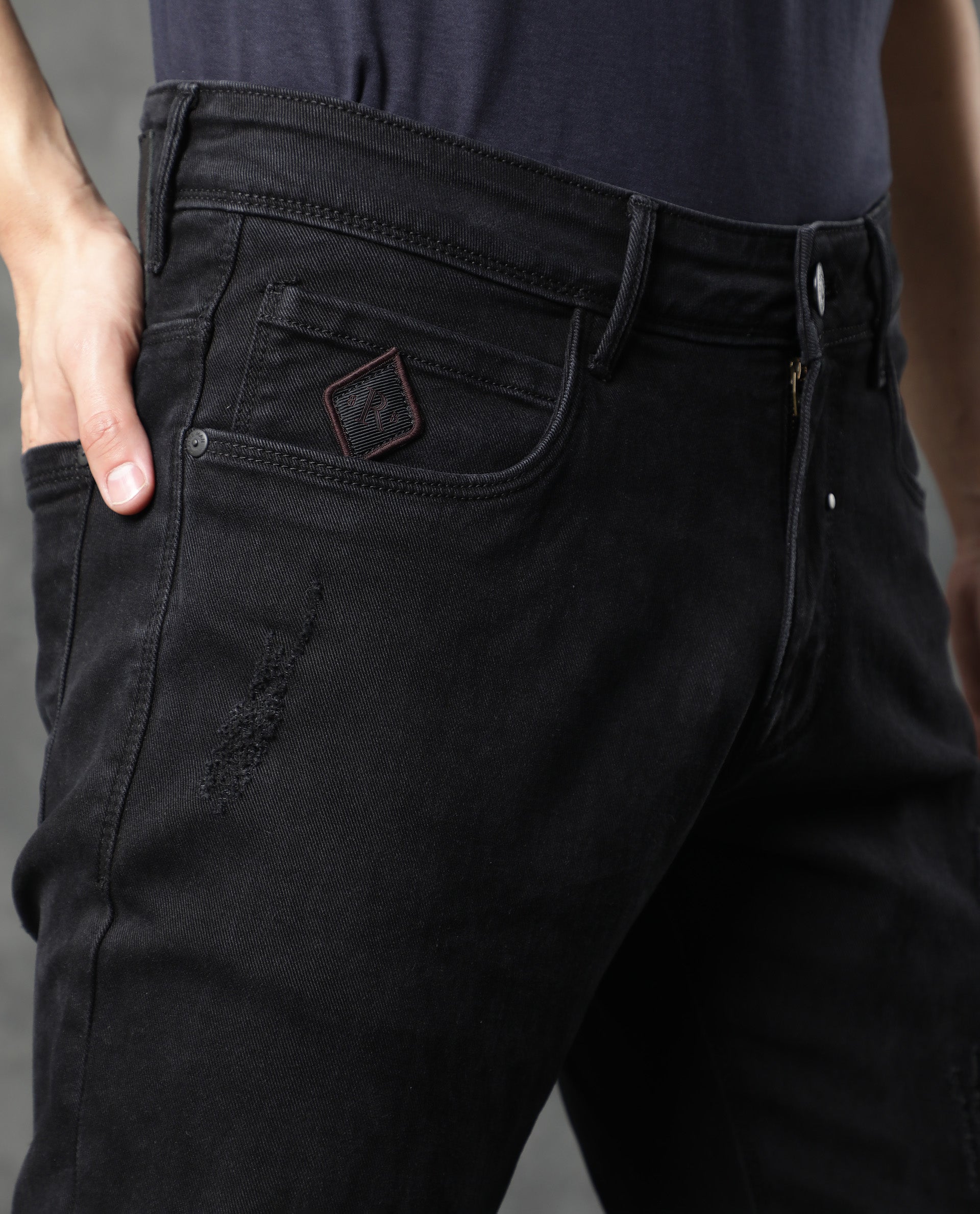 Rare Rabbit Men's Astra Black Rinse Wash Mid-Rise Slim Fit Jeans