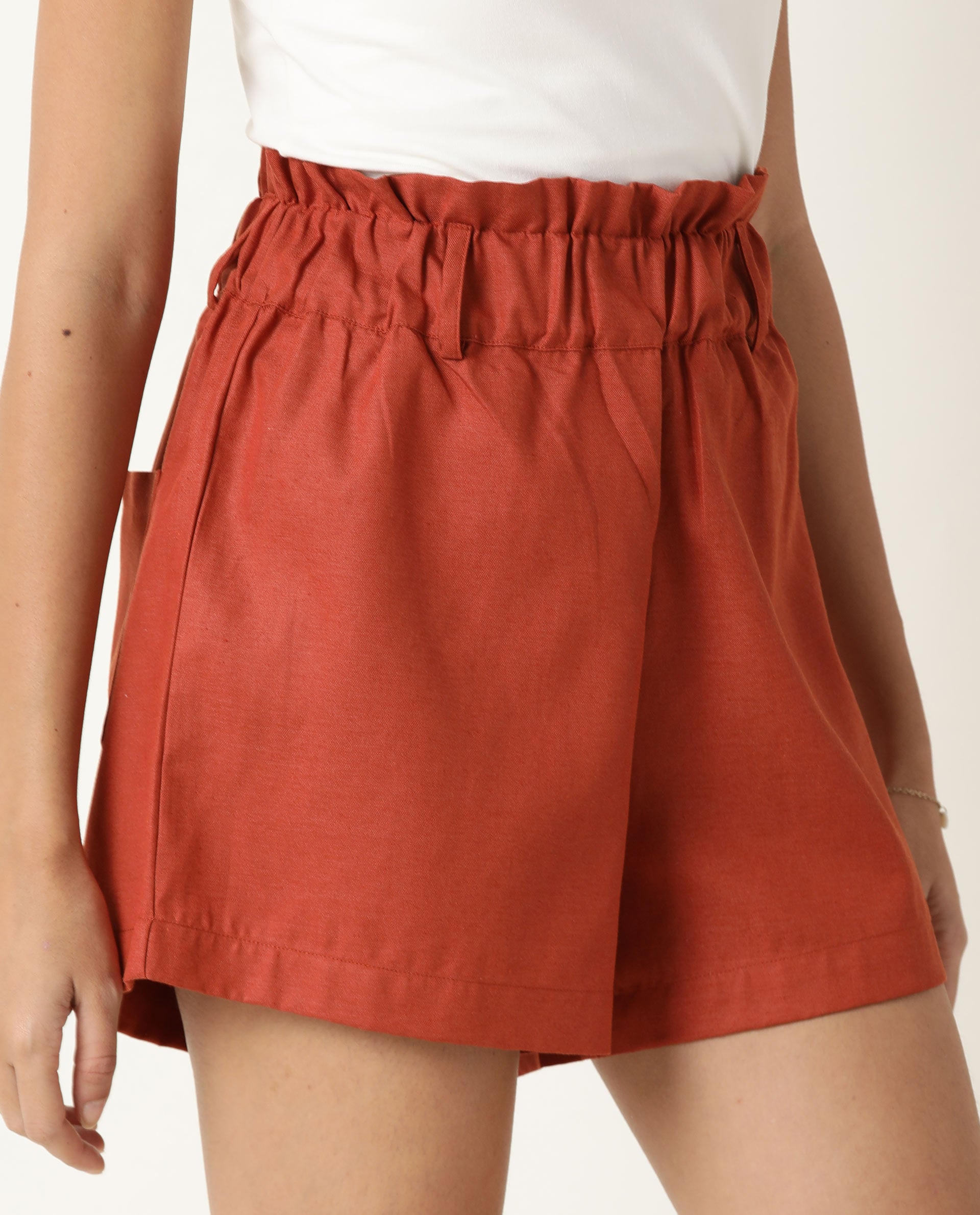 Rareism Women Wobble Rust Cotton Fabric Regular Fit Solid High Rise Shorts