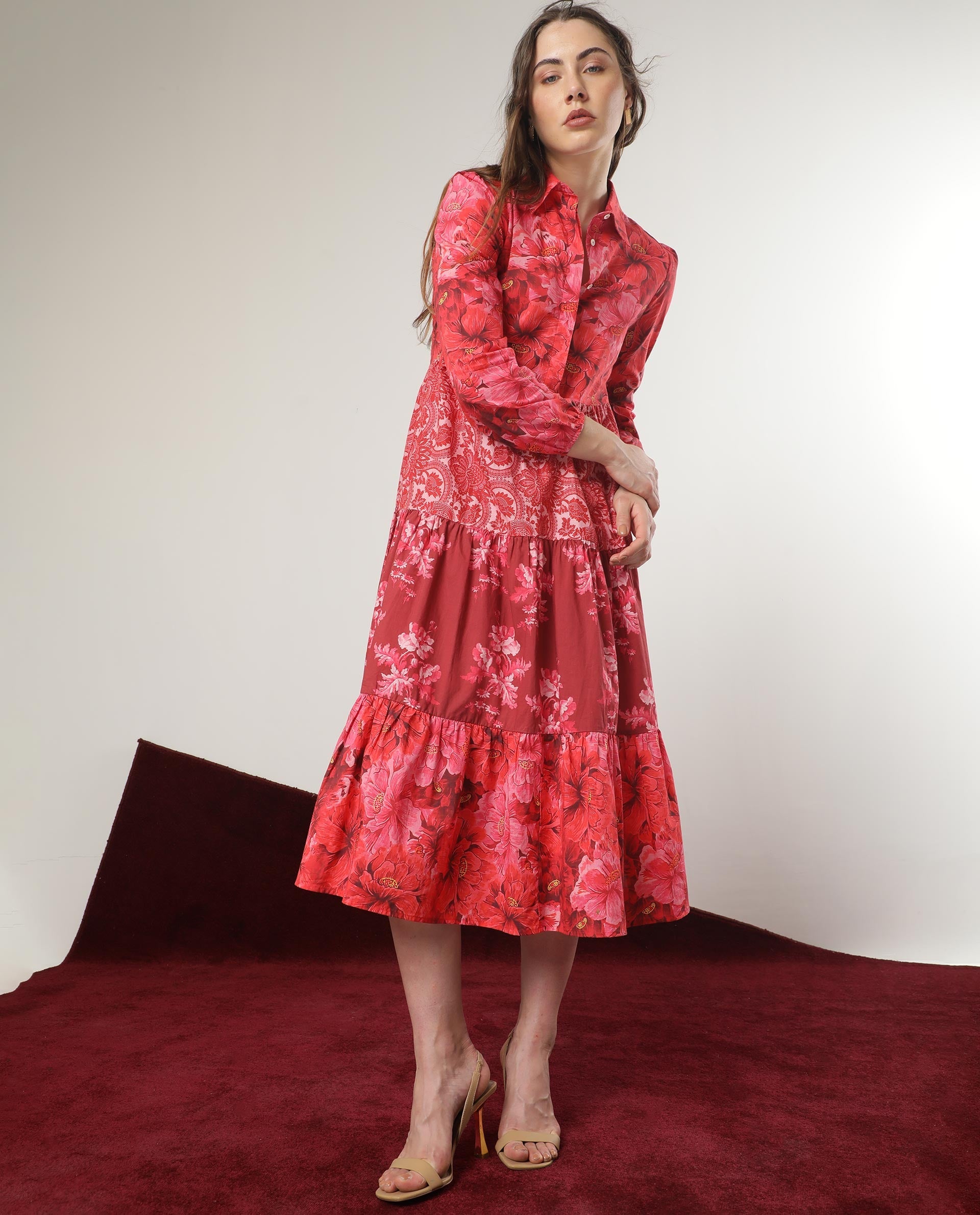 Rareism Women Ixora Maroon Cotton Fabric Full Sleeves Button Closure Shirt Collar Regular Fit Floral Print Knee Length Tiered Dress