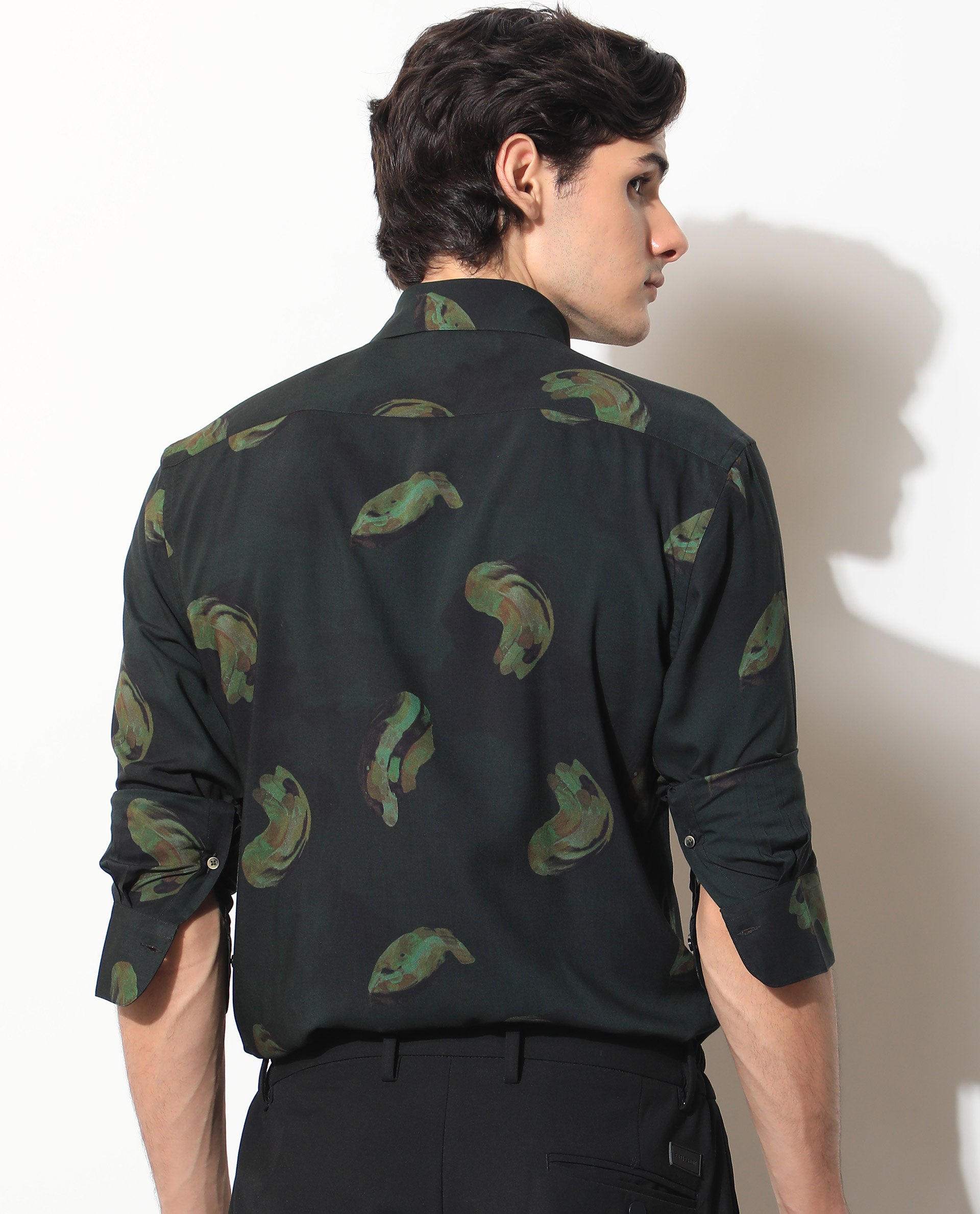 Rare Rabbit Men's Inari Dark Green Viscose Fabric Abstract Print Full Sleeves Shirt