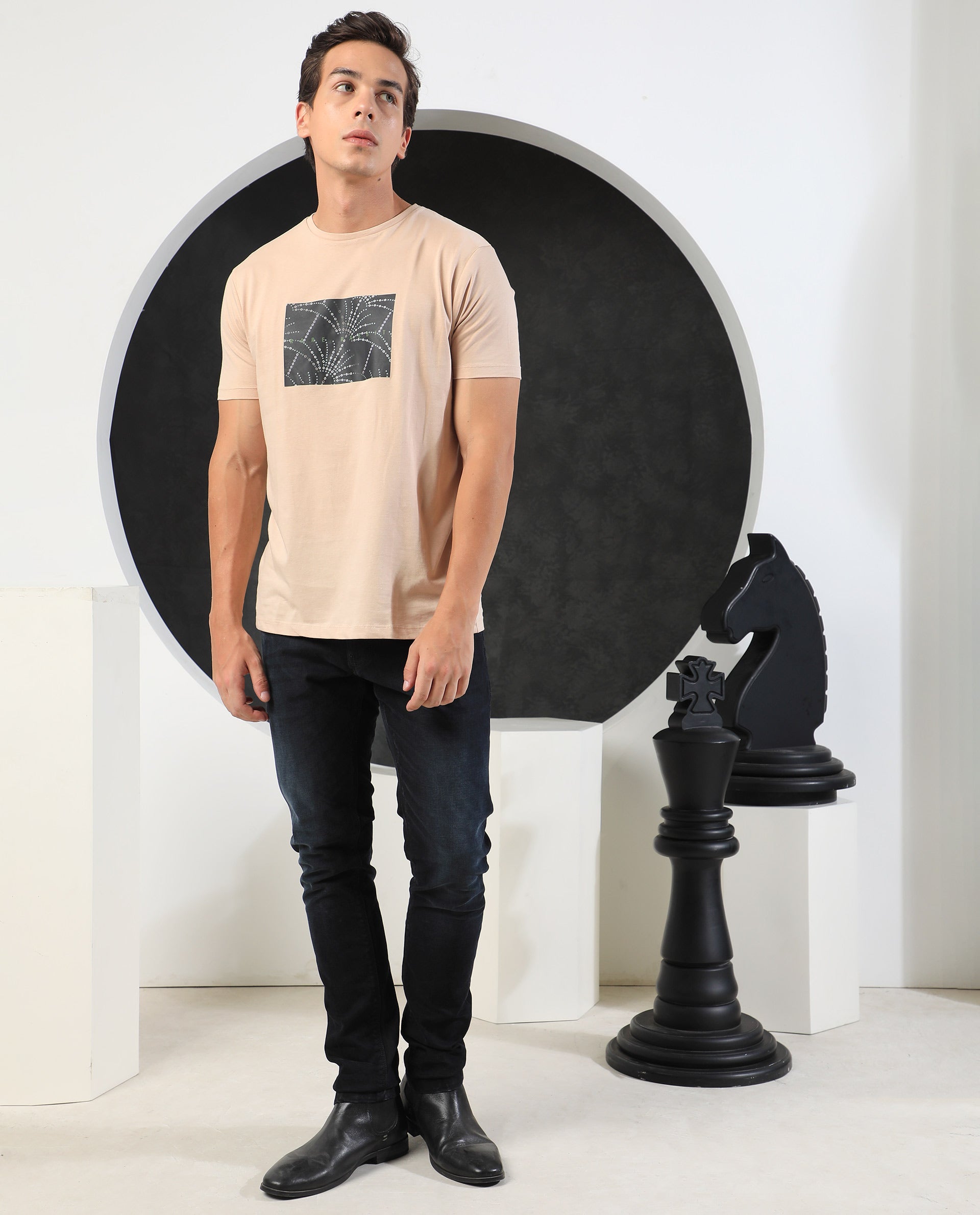 Rare Rabbit Men's Glams Beige Crew Neck Abstract Graphic Logo Printed T-Shirt