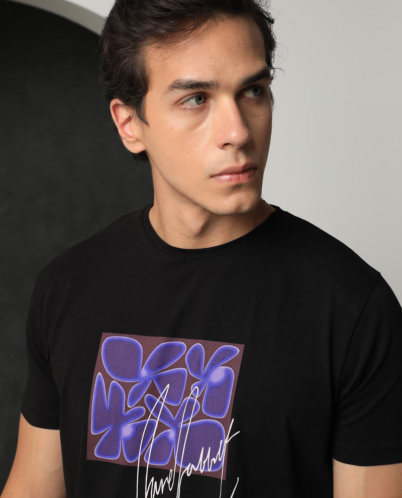 Rare Rabbit Men's Fulton Black Crew Neck Abstract Graphic Print With Branding Half Sleeves Regular Fit T-Shirt